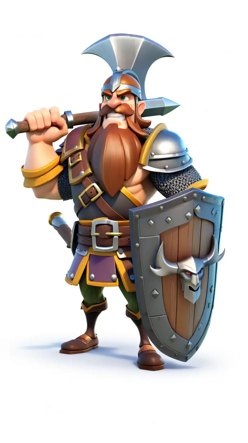 A strong warrior holding an axe and shield, looking at the camera against a white background, in the 3D cartoon style, in the style of Clash of Clans characters, a game asset with no outline and a high level of detail on a white background at a high resolution