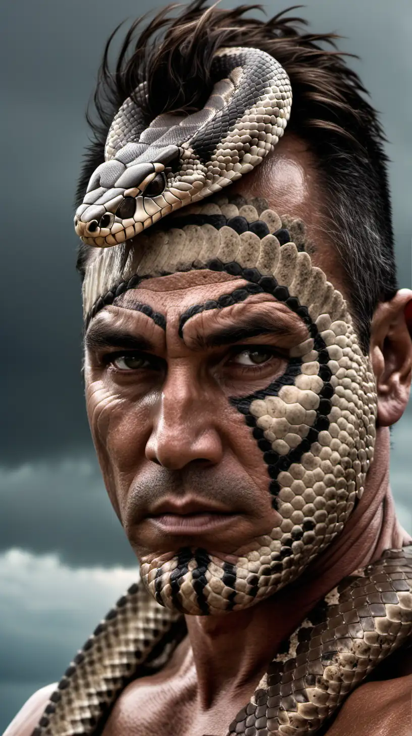 Aztec Athletic Man with Rattlesnake Skin in Stormy Atmosphere