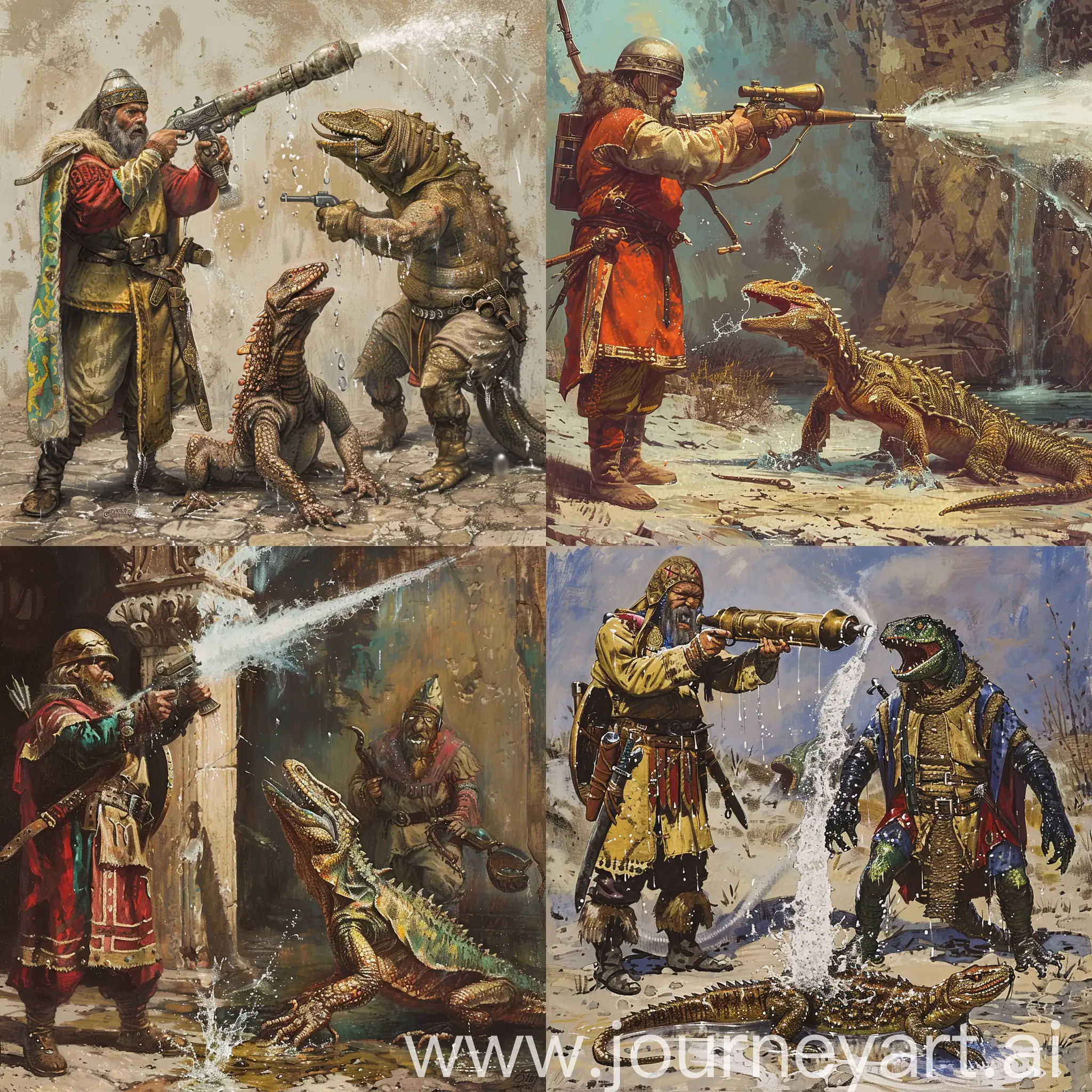 An ancient Russian Slavic warrior in Slavic clothes stands on the left and shoots from a large water pistol, a jet from a water pistol hits right at the feet of a reptilian lizard monster, a reptilian lizard monster is wet