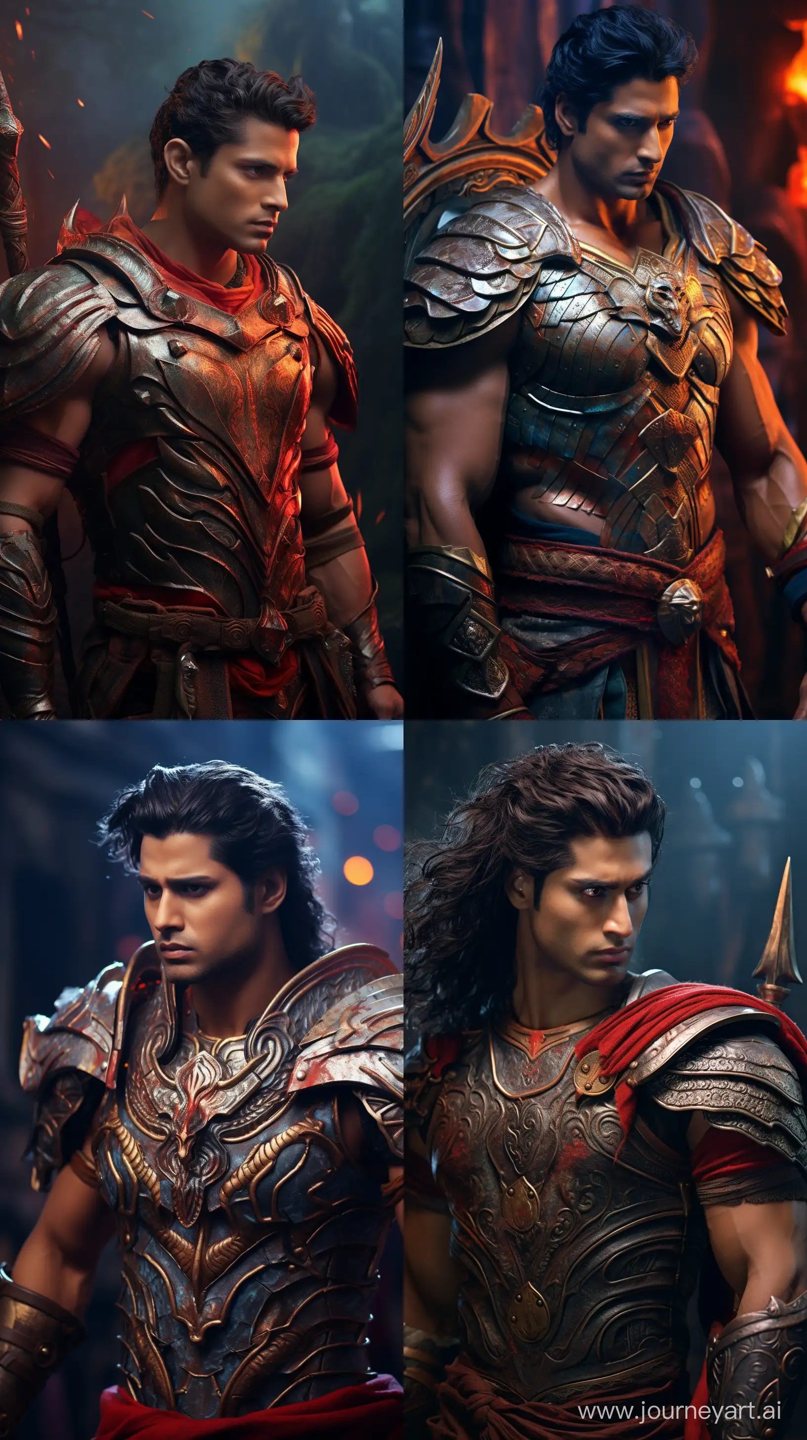 Realistic colorful images depicting an Indian muscular warrior, in armor, holding a bow in his hand, worried look on his face, amidst a warfare, intricate details, cinematic style, 8k quality --ar 9:16