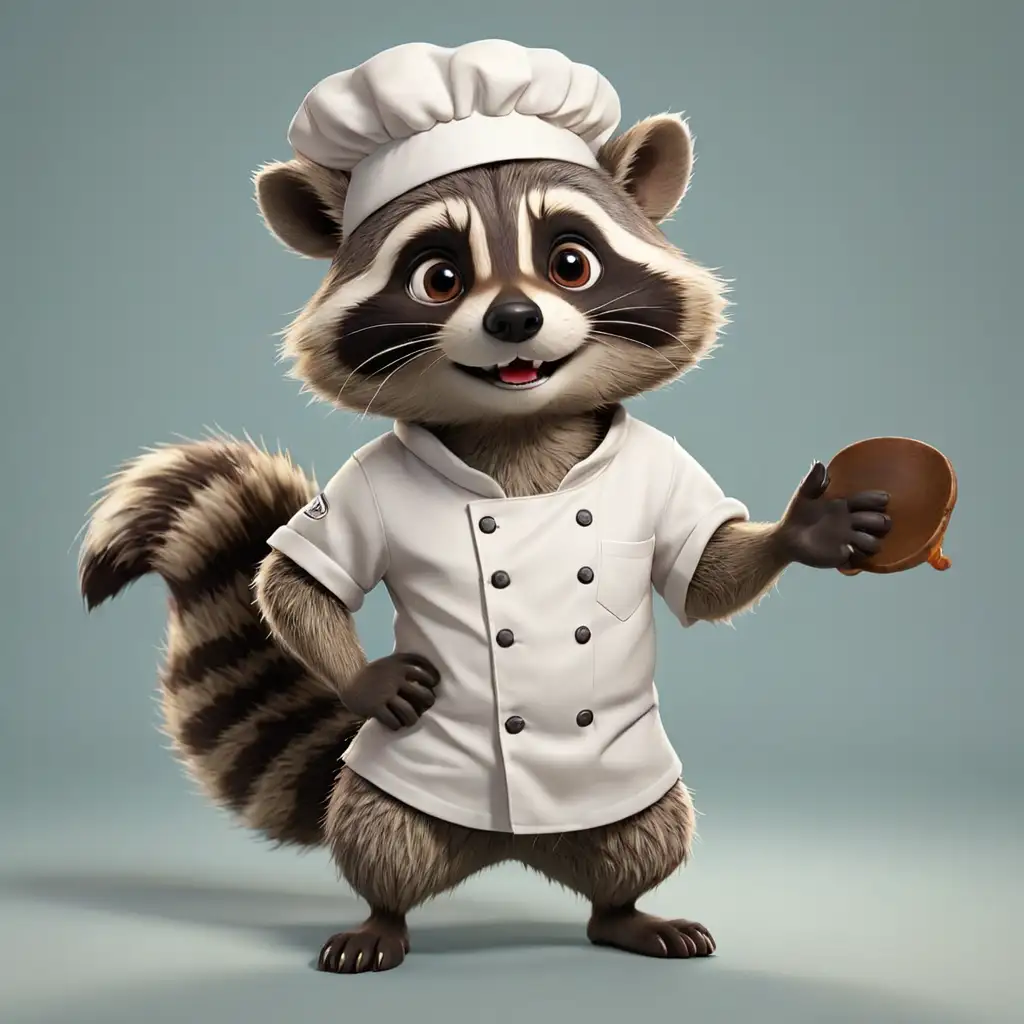 A cute raccoon in cartoon style, full body, Chef clothes with chef's hat, with clear background
