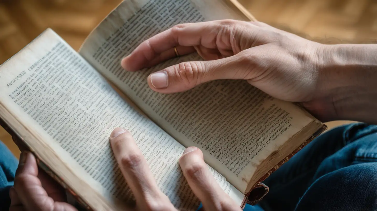 A person's hands holding a well-worn paperback book, capturing the tactile sensation of reading.