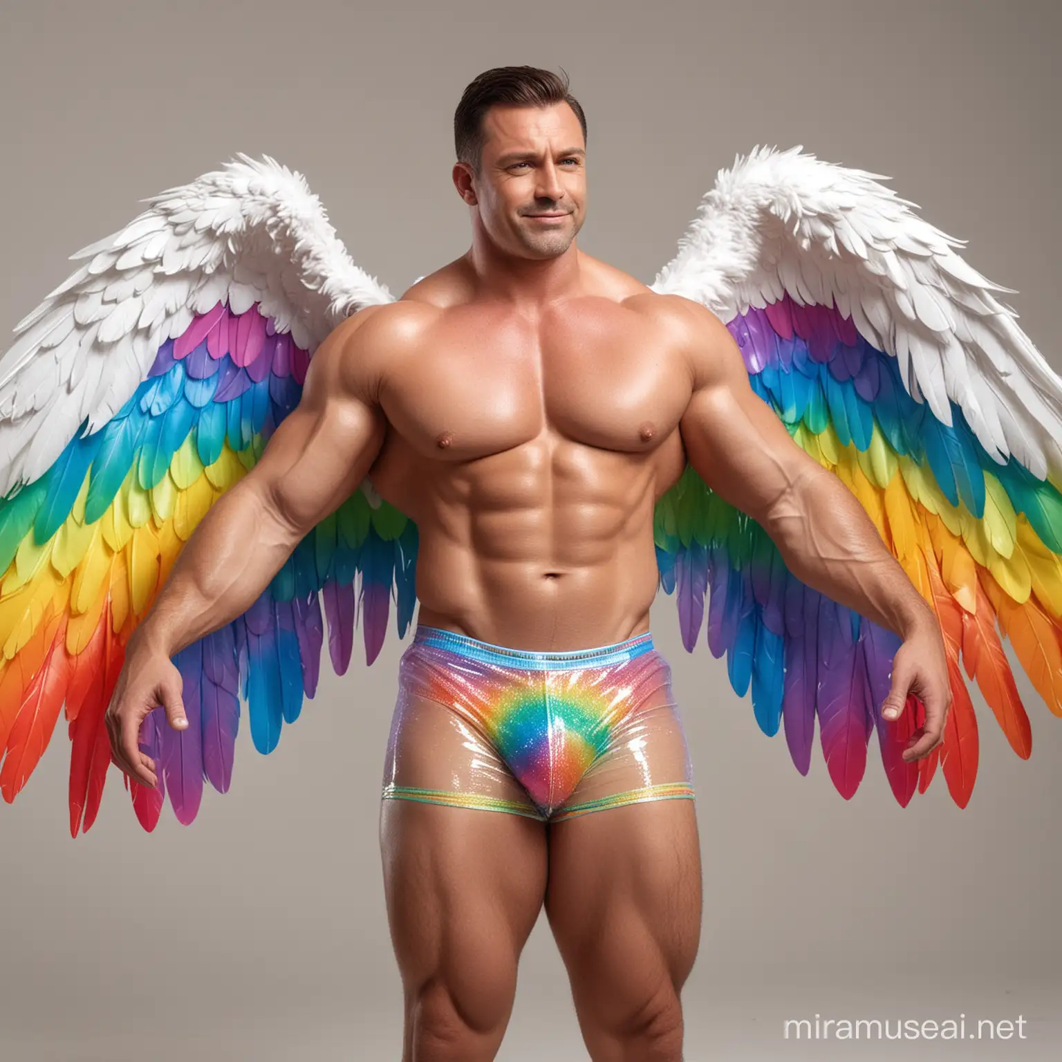 Muscular Bodybuilder Flexing with Rainbow Eagle Wings and Doraemon