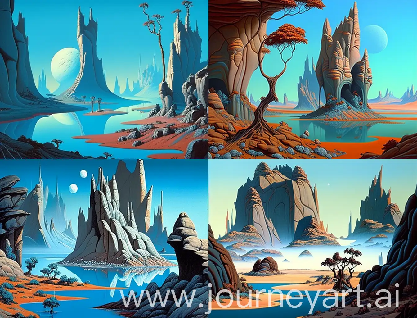 A surreal alien landscape by Roger Dean. Retro Science fiction art.  blue lakes. tall rocks. in color. 