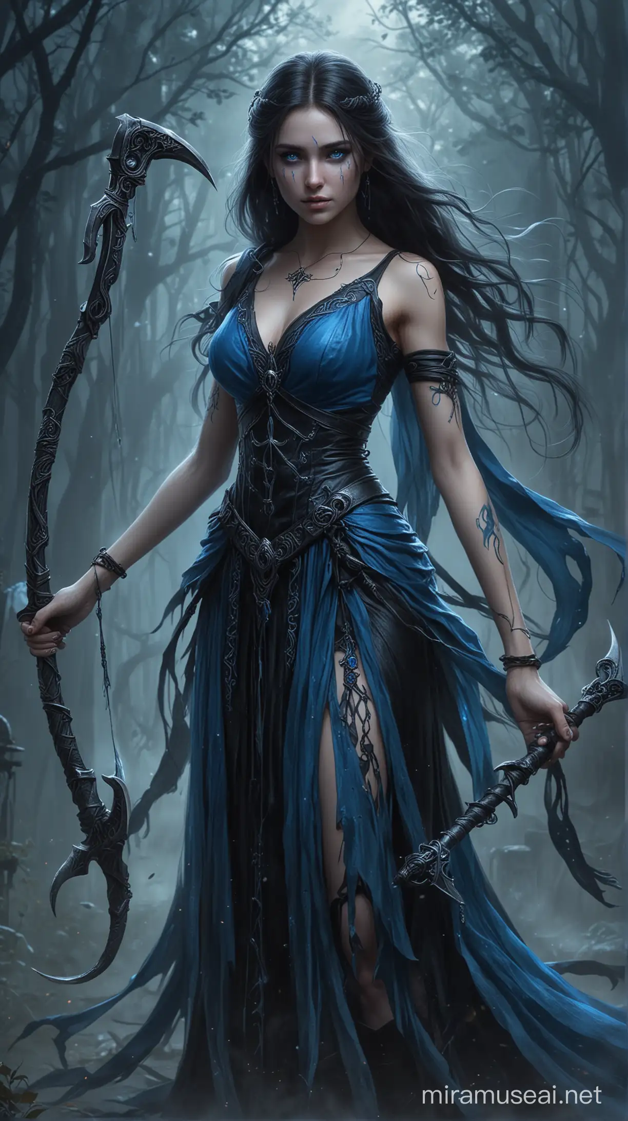 Bringer of death. She is beautiful. She  wears an blue and black dress. She holds a scythe. She has runes on her scythe and face. She has glowing blue magic around. She has glowing blue misty eyes. 