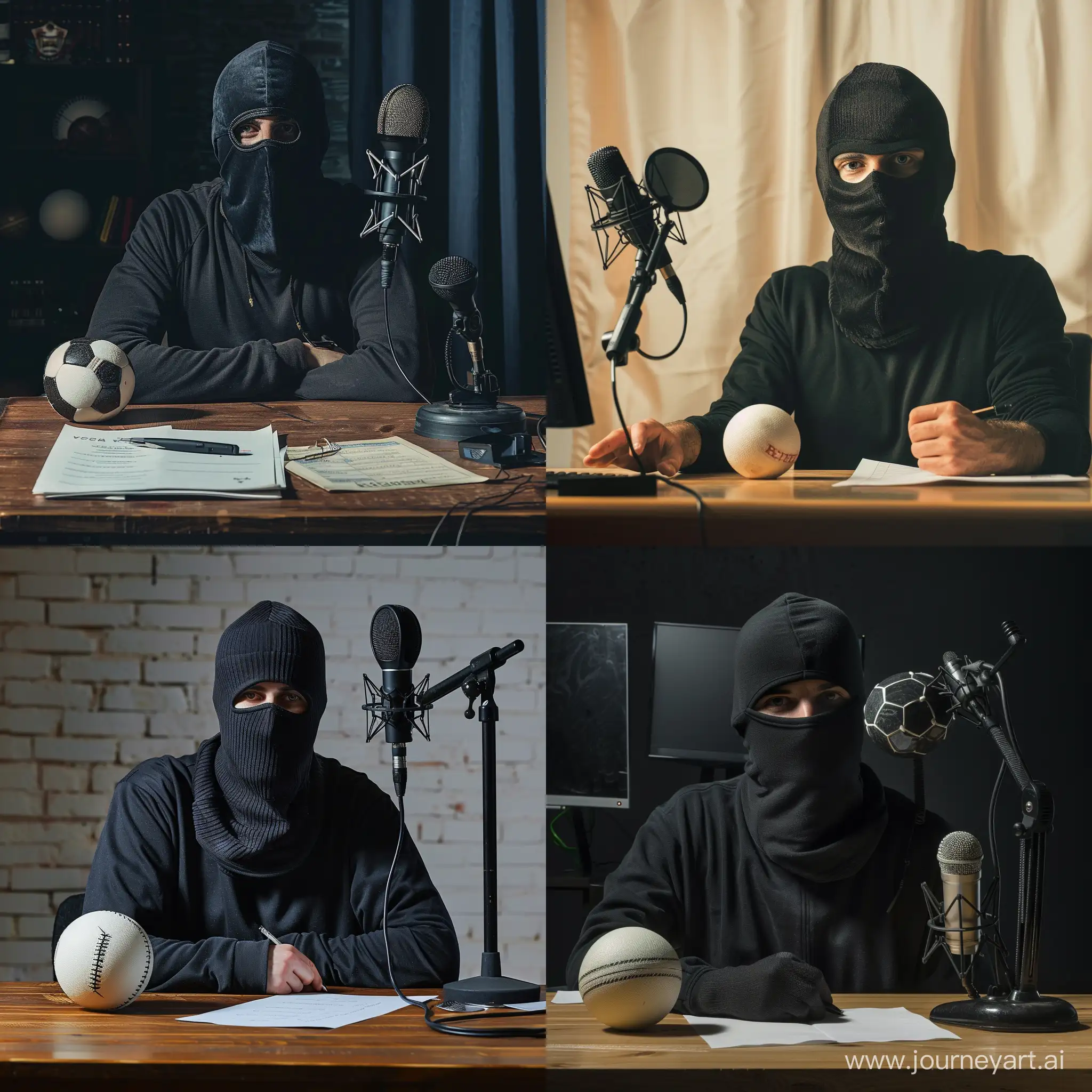 membre ultras with balaclava set in the desk with ball and and paper and microphone 

