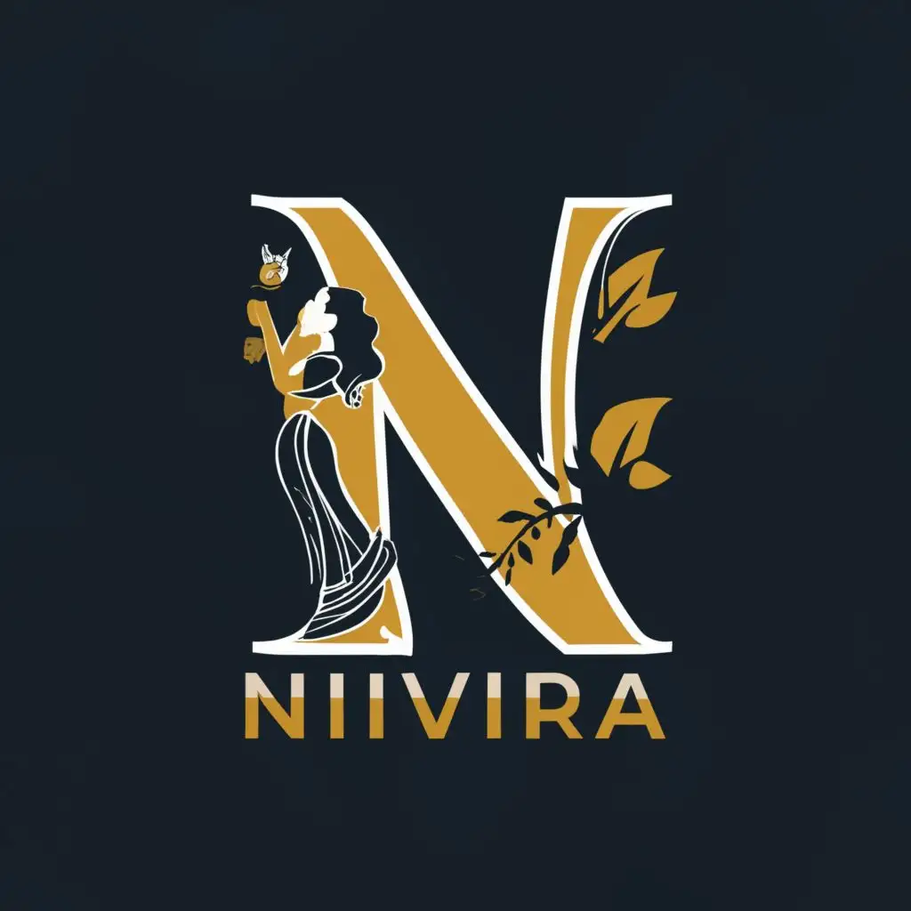 logo, create N letter with a women in saree, with the text "NIVIRA", typography