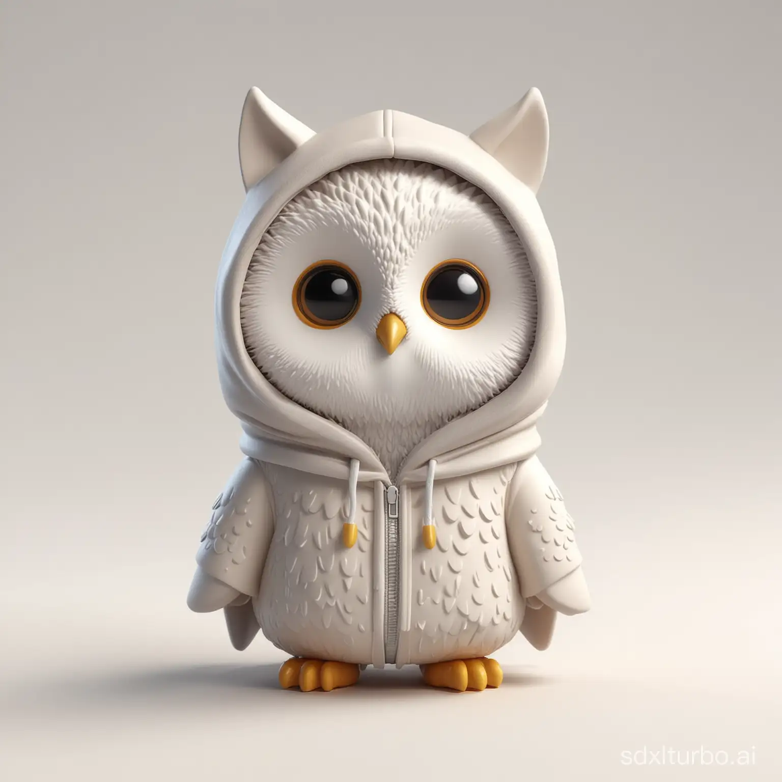 Chibi Vinyl toy 3D character of an owl, isometric render minimalist style, wearing a hoodie, on a solid white background.