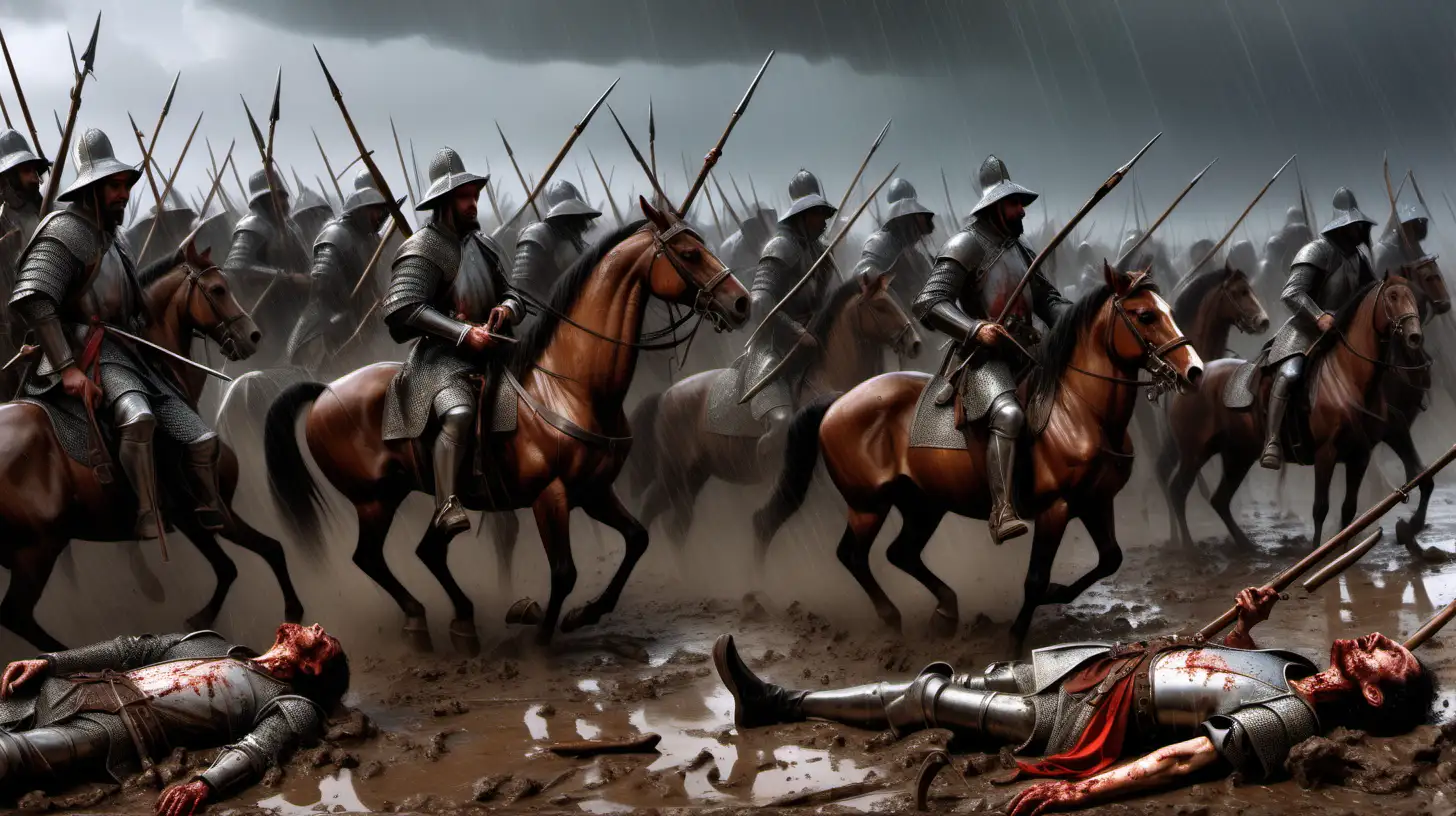 Siglo XVI ,un campo de batalla, lluvia, barro, caballo muertos tirados en el suelo, 10 soldados de los tercios españoles con picas en las manos,caras manchadas, 