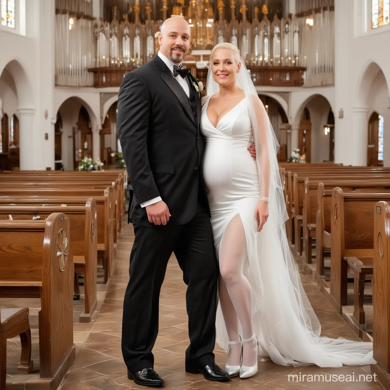 wedding day, fat, short, white, groom, 45 year old, bald, light goatee, standing in church, wearing black tux, holding, very pregnant, bride, 60 year old, silver hair, white short wedding dress, shiny white pantyhose, white high heels, showing her pantyhose legs