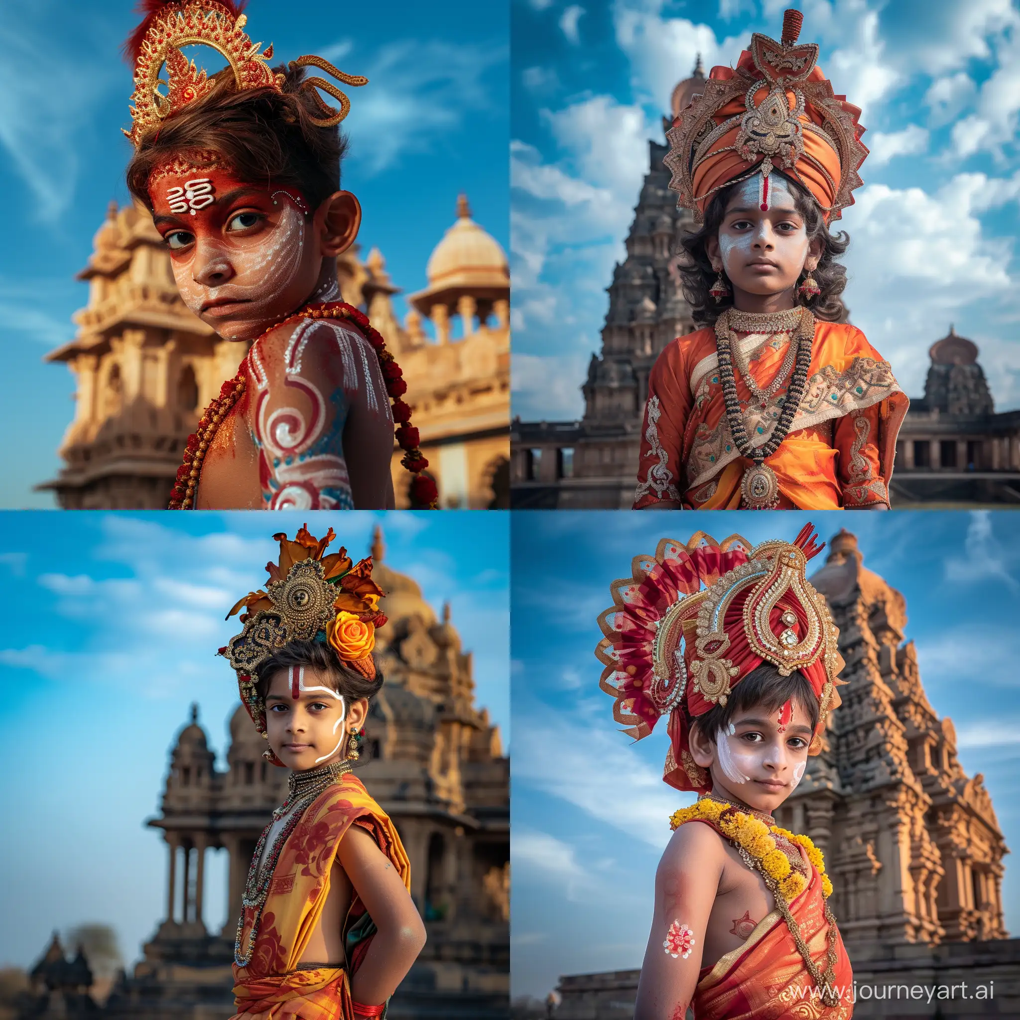 Hindu-Boy-Embracing-Divinity-as-Kali-Traditional-Attire-Amidst-Ancient-Temple-and-Serene-Sky