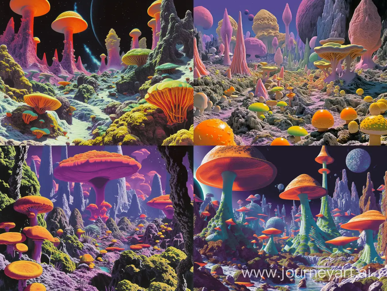An alien landscape full of alien fungi flora. In the style of Roger Dean and Ralph McQuarrie. retro science fiction art style. colorful. surreal.