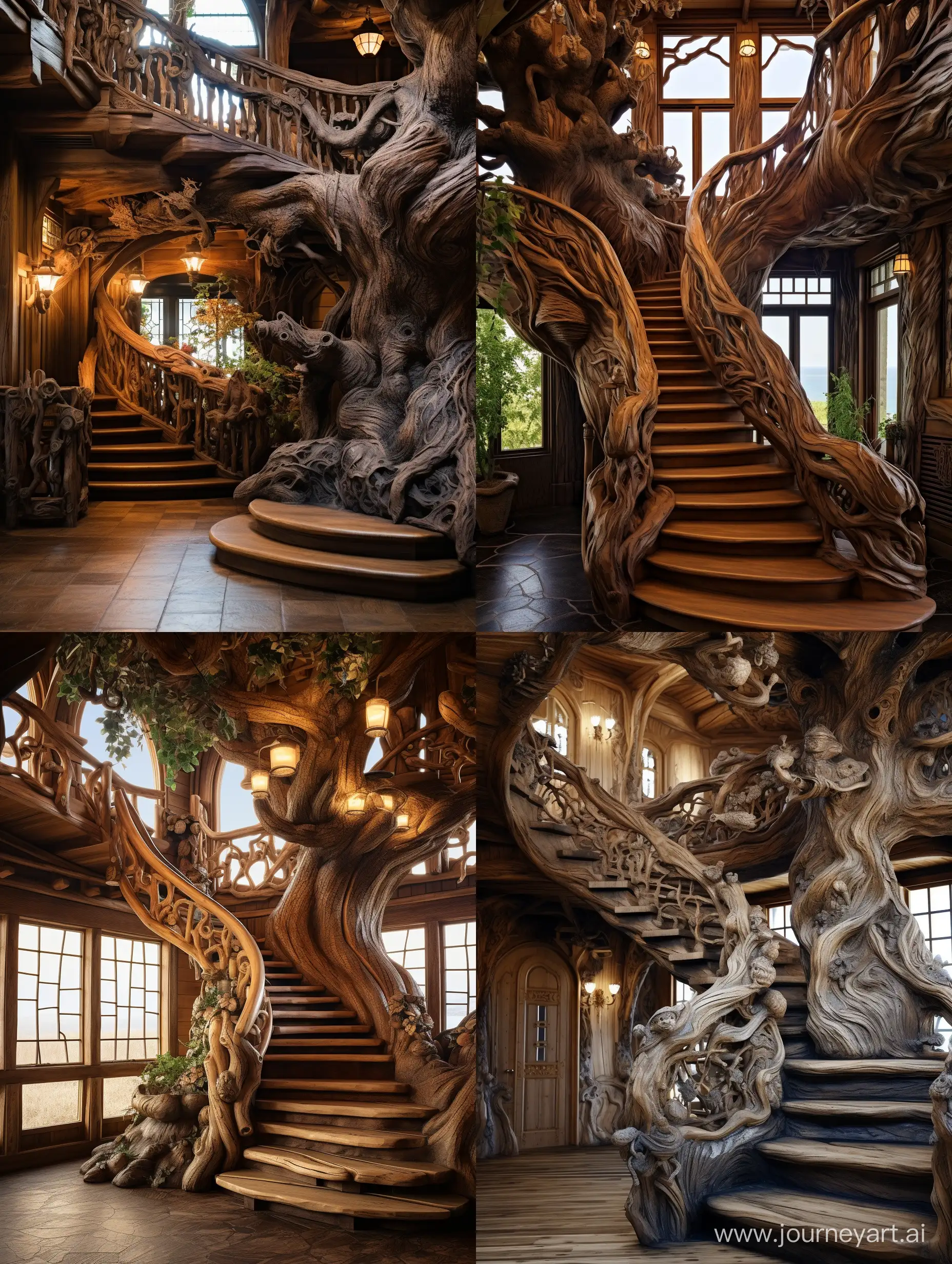 a tree that is next to a set of stairs, inspired by Ursula Wood, art nouveau, rustic wood, railing, log homes, sculpture made of wood, photo