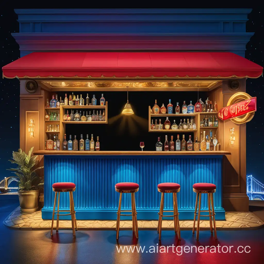 a small bar at night, we see the bar from outside. the bar colors are red and gold and the outside colors are blue