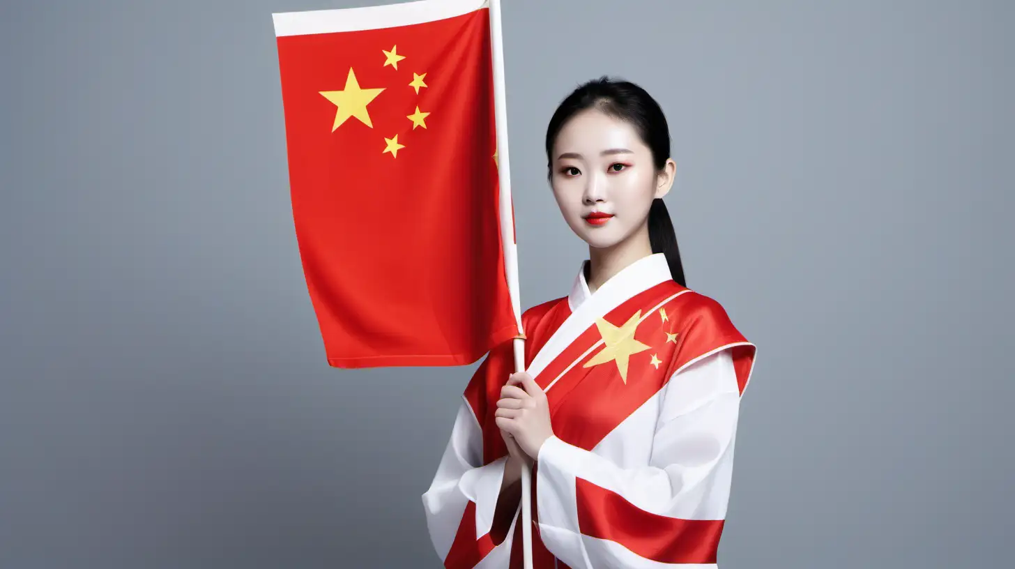 Create an image of a person wearing patriotic symbols alongside the Chinese flag, demonstrating their heartfelt devotion to the motherland.