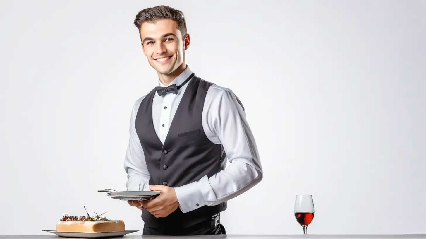 on a white background, a handsome brunette waiter stands next to an elegant table and smiles charmingly