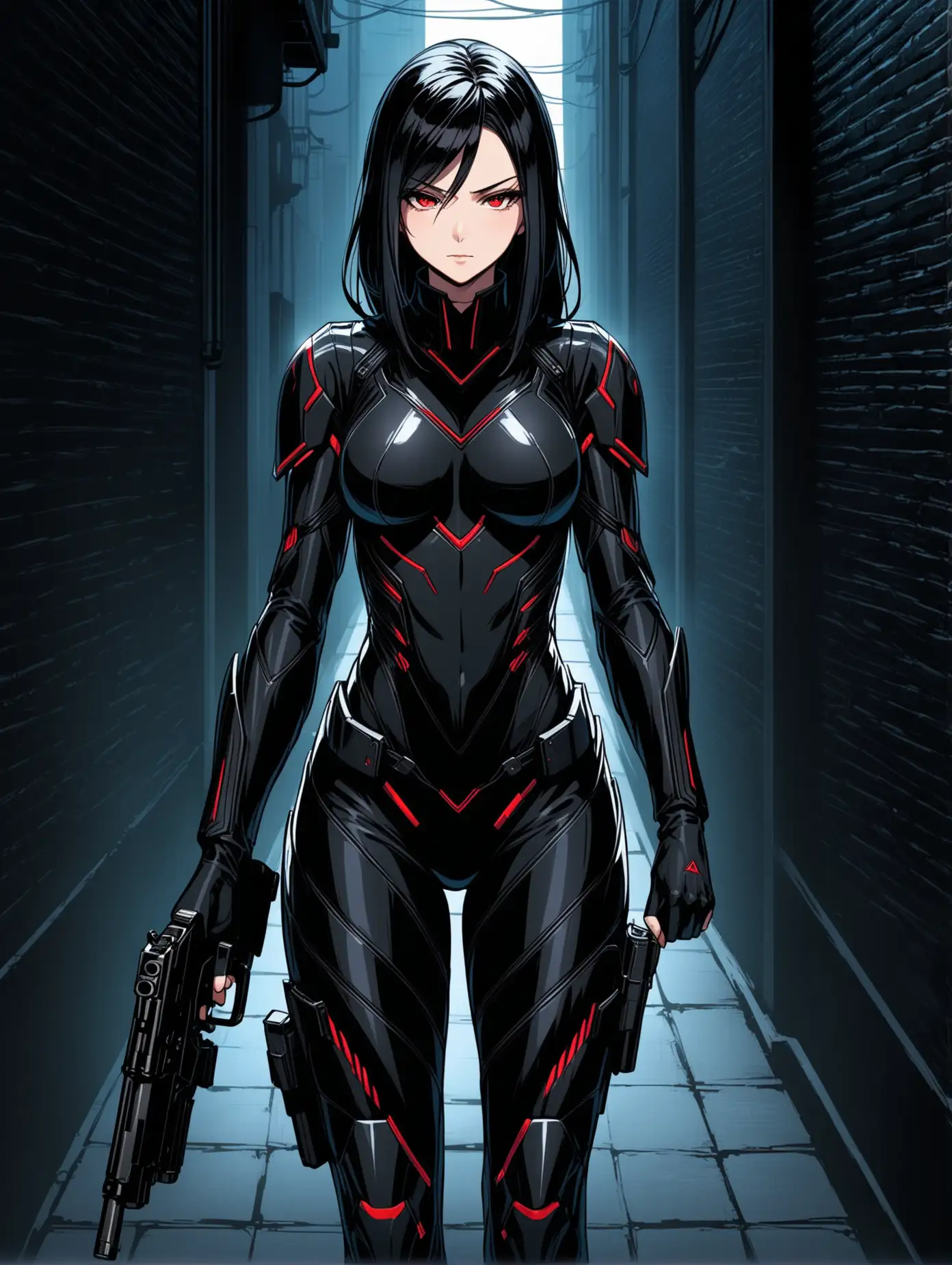 Create an anime-style female assassin character with a sleek black color theme. She has long, flowing black hair and piercing, intense red eyes. Her outfit is a form-fitting black stealth suit, adorned with subtle black armor plating for both protection and agility. She wields black dual pistols with sleek, futuristic designs, each engraved with intricate black patterns that give off a subtle glow in low light. Her stance is confident and poised, one hand gripping a pistol while the other rests casually by her side, ready to draw her weapon at a moment's notice. The background is a dark urban alleyway, with shadows enveloping her and emphasizing her stealthy nature.