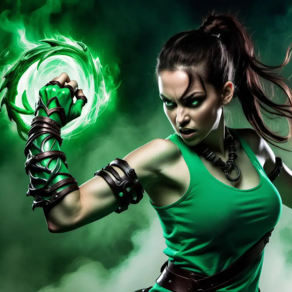 brunette woman in pony tail, iron bracelets, green magic hands, fighting a demon