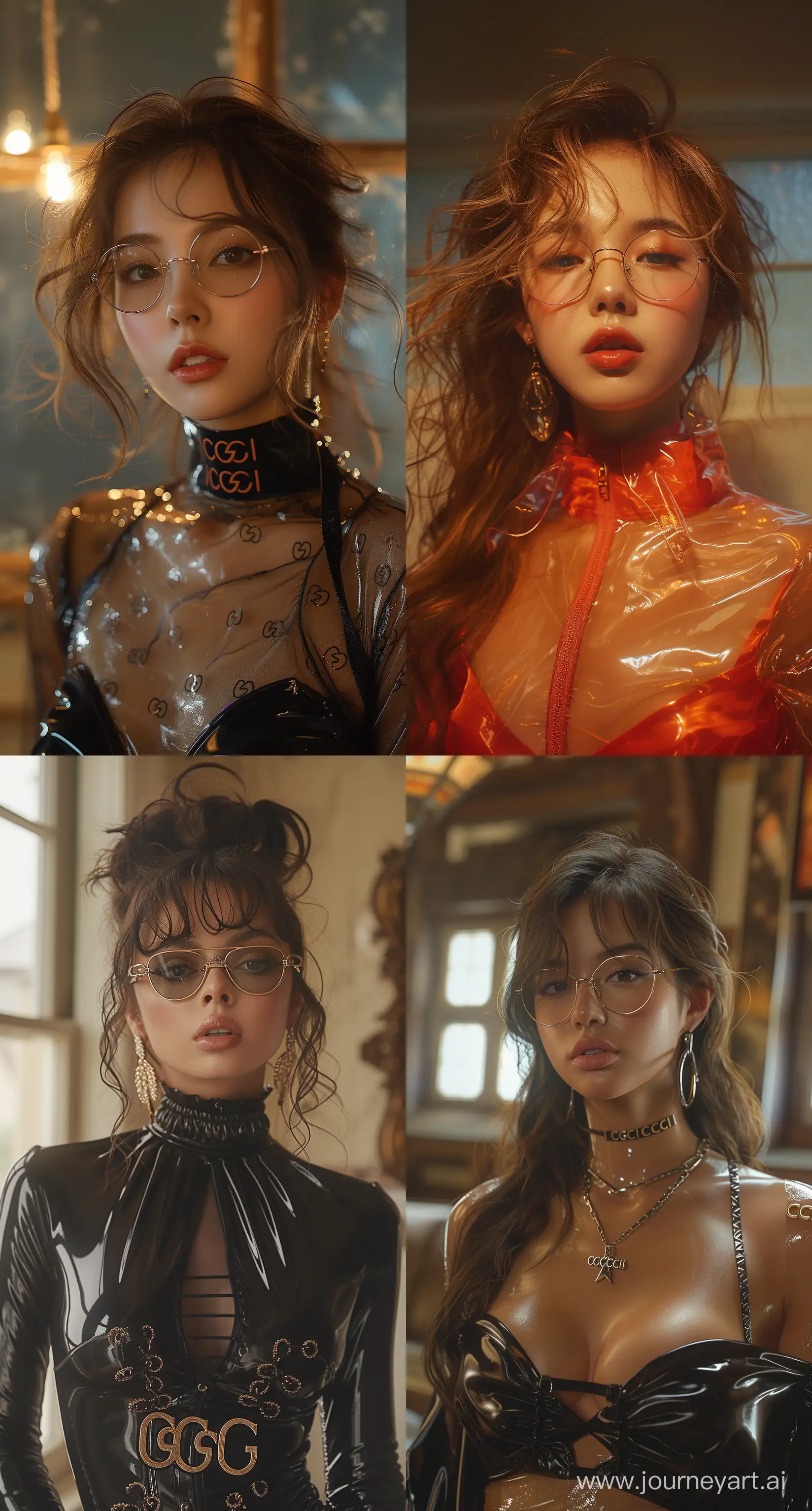 a woman with flowing,wearing gucci glasses and gucci latex jacket is posing, in the style of dain yoon, soft edges and blurred details, captures raw emotions, multilayered, soft edges, distinct facial features --ar 69:128 --stylize 750 --v 6