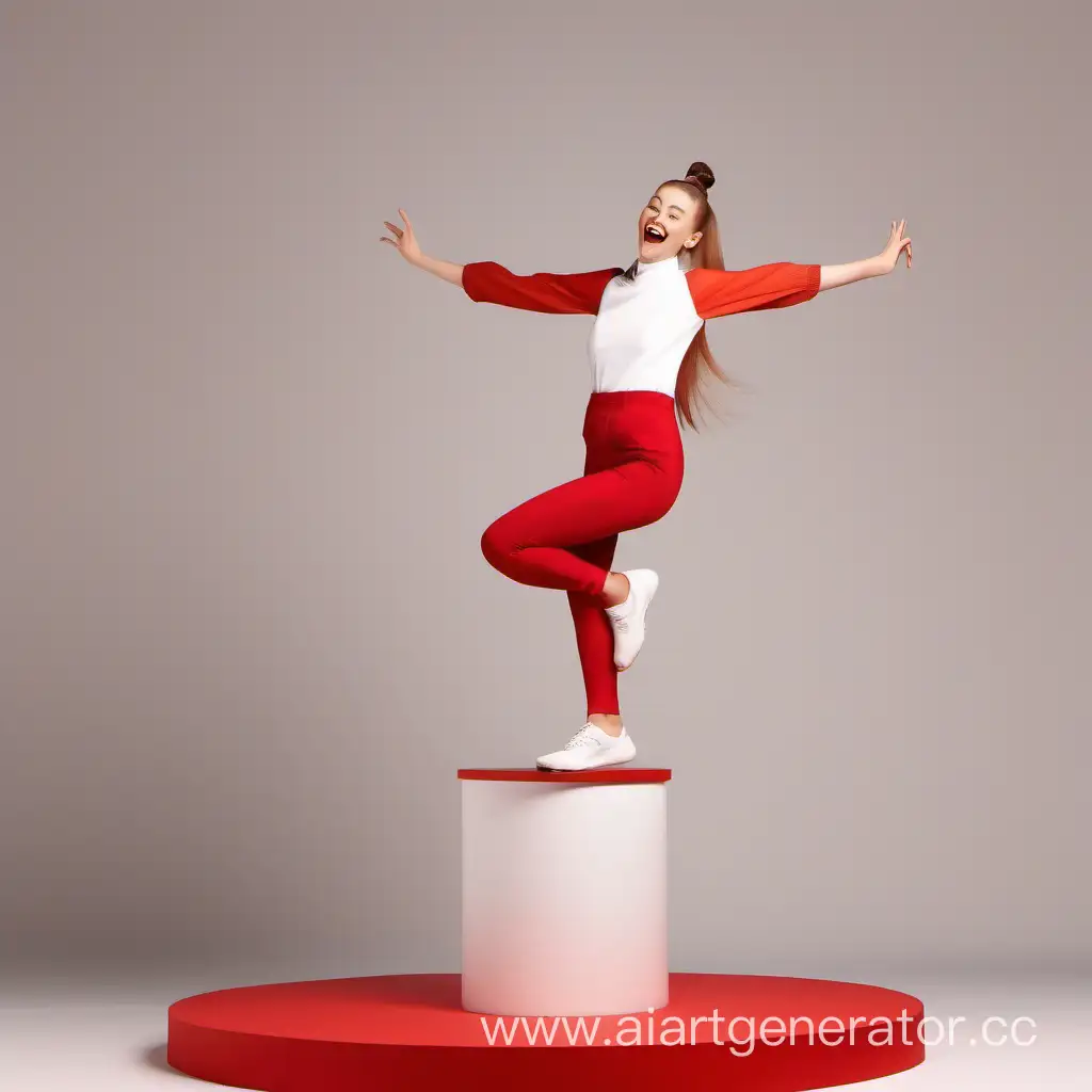 Joyful-HighPonytailed-Girl-Ascending-Red-Runway-Pedestal
