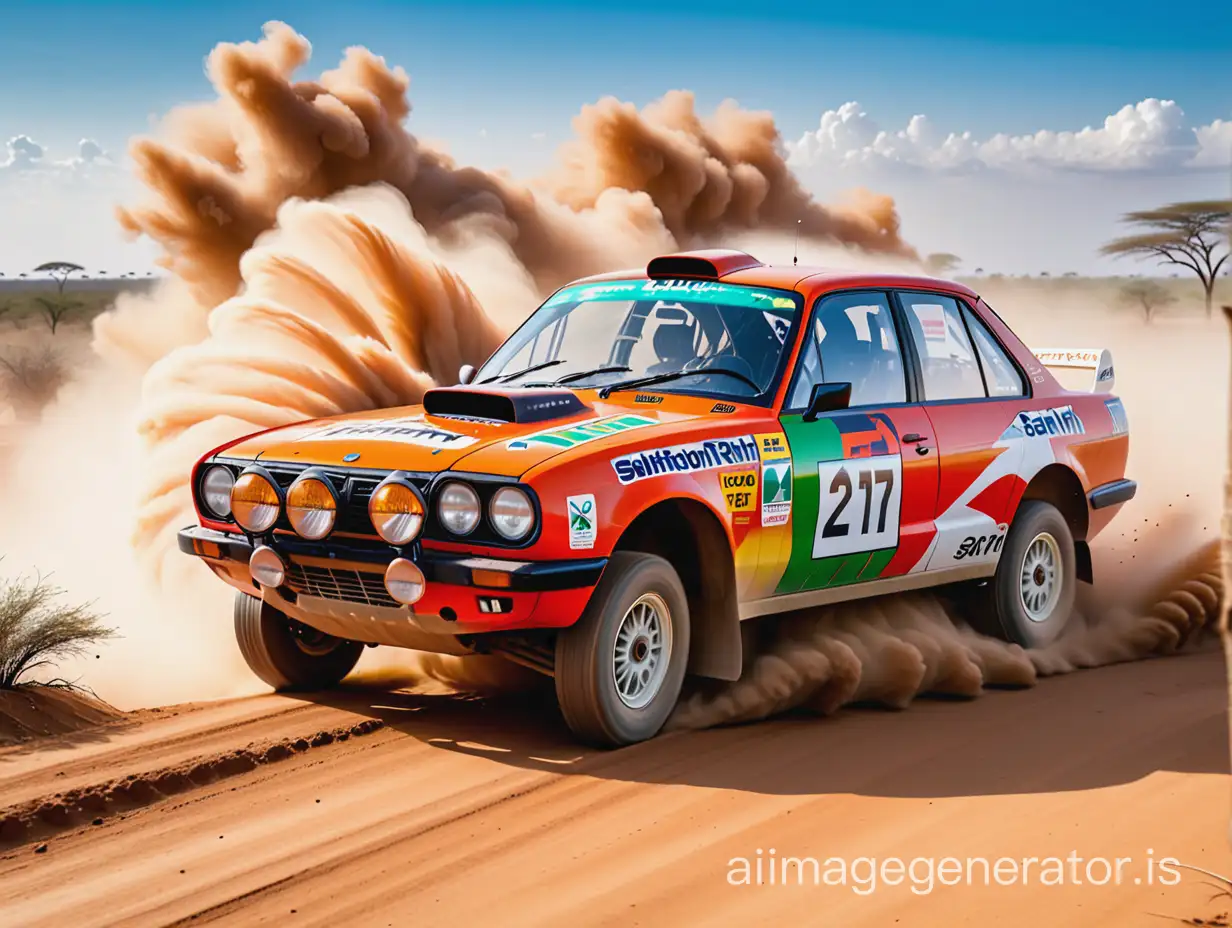  a vibrant Safari Rally car speeds in the wild, raising a cloud of dust