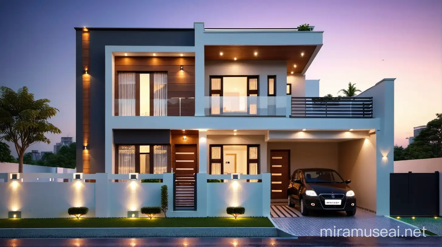 Modern TwoFloor Small House Design with BudgetFriendly Flat Roof and Elegant Wooden Lighting