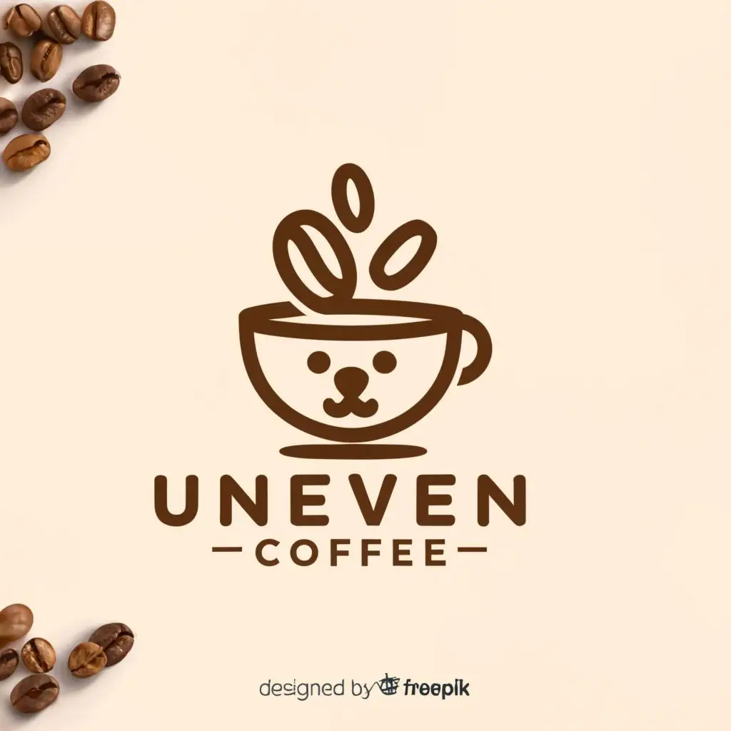 a logo design,with the text "UNEVEN COFFEE", main symbol:coffee cup and beans, the cup looks like the dog's face,Moderate,be used in Restaurant industry,clear background, with beans