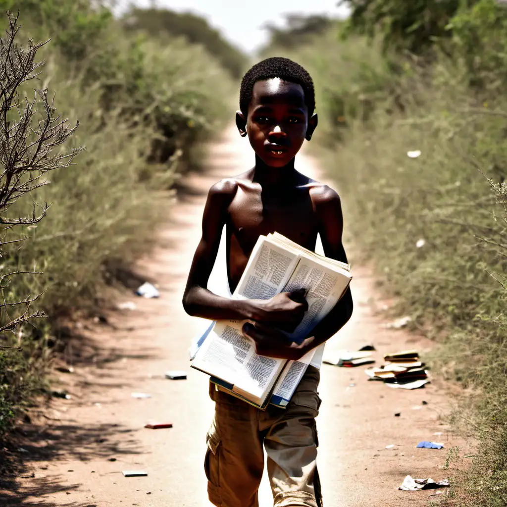 African boy with tattered cloth and books on bush path