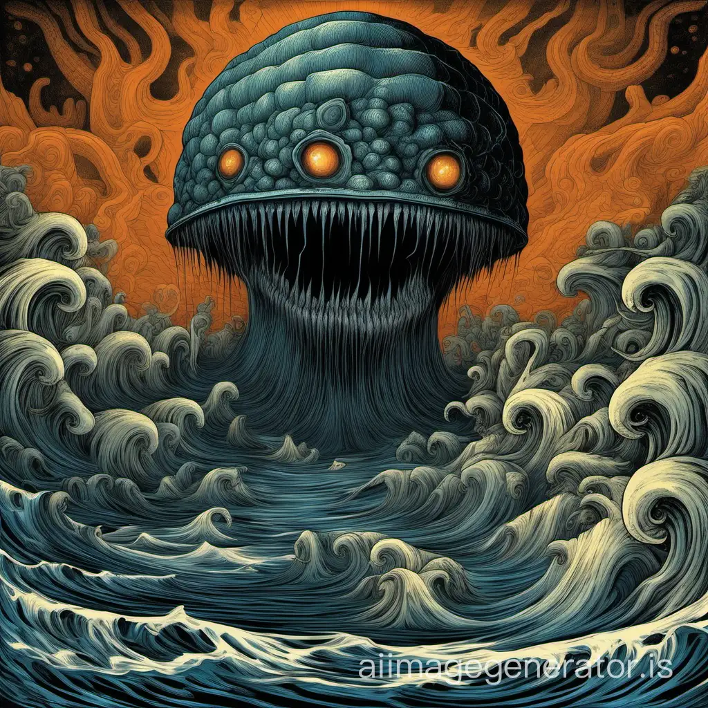 in gothic modern absurdist glory show what would be a perfect album cover for a harsh noise wall djent album with lovecraftian epic monster influences and orange and blue colors, the album is called "hips like a lampshade (mouth like the ocean floor)