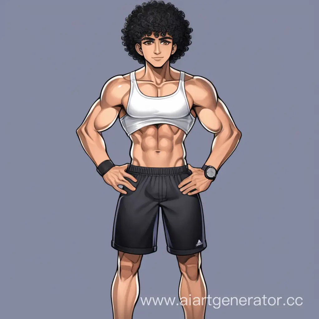 Character for a visual novel, Armenian, black sportswear, cheerful face, black eyes, short curly hair, muscular body, standing straight at full height