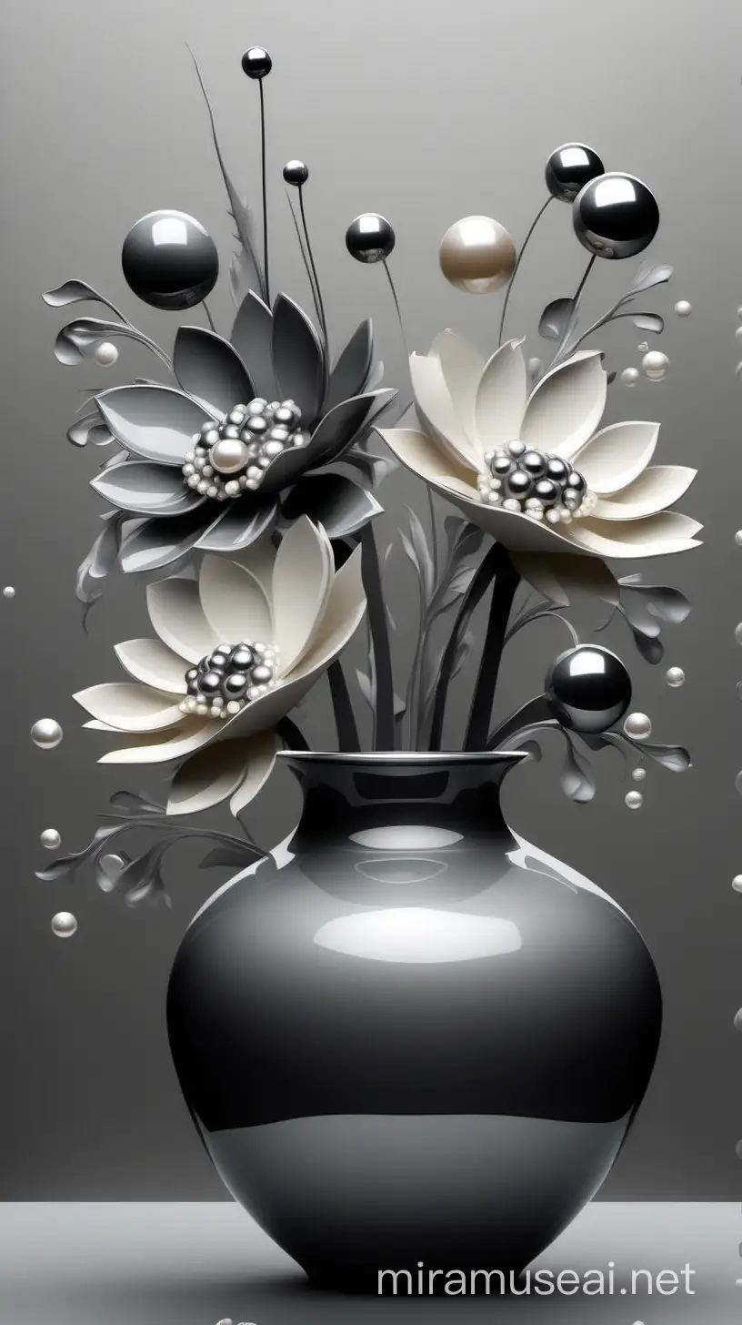 Abstract Flowers in Metallic Grey Vase with Pearls