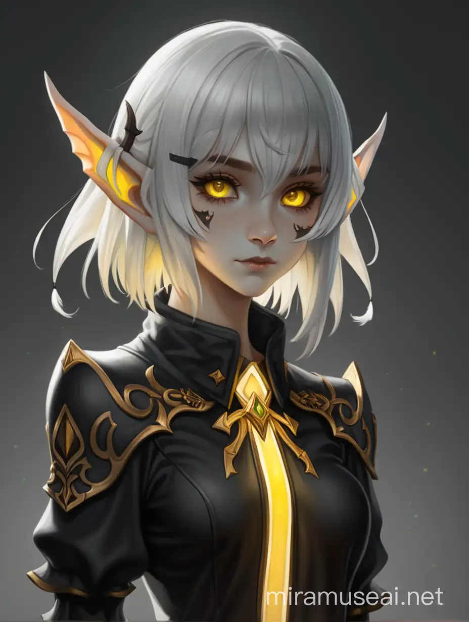 A girl, short shaggy white hair, elf ears, glowing yellow eyes, small scars on face, black and brown outfit, long sleeves, gloves, full body, slitted pupils