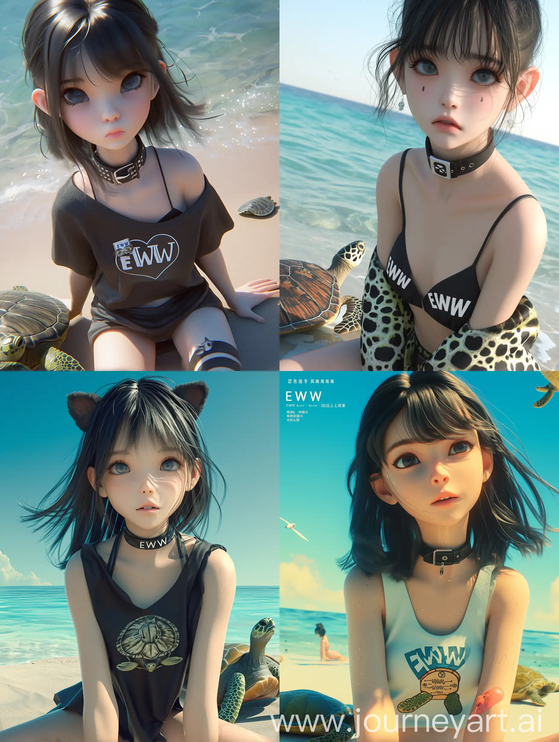 Adorable-Anime-Girl-with-Turtle-on-Beach-Surreal-UltraRealistic-3D-Animation
