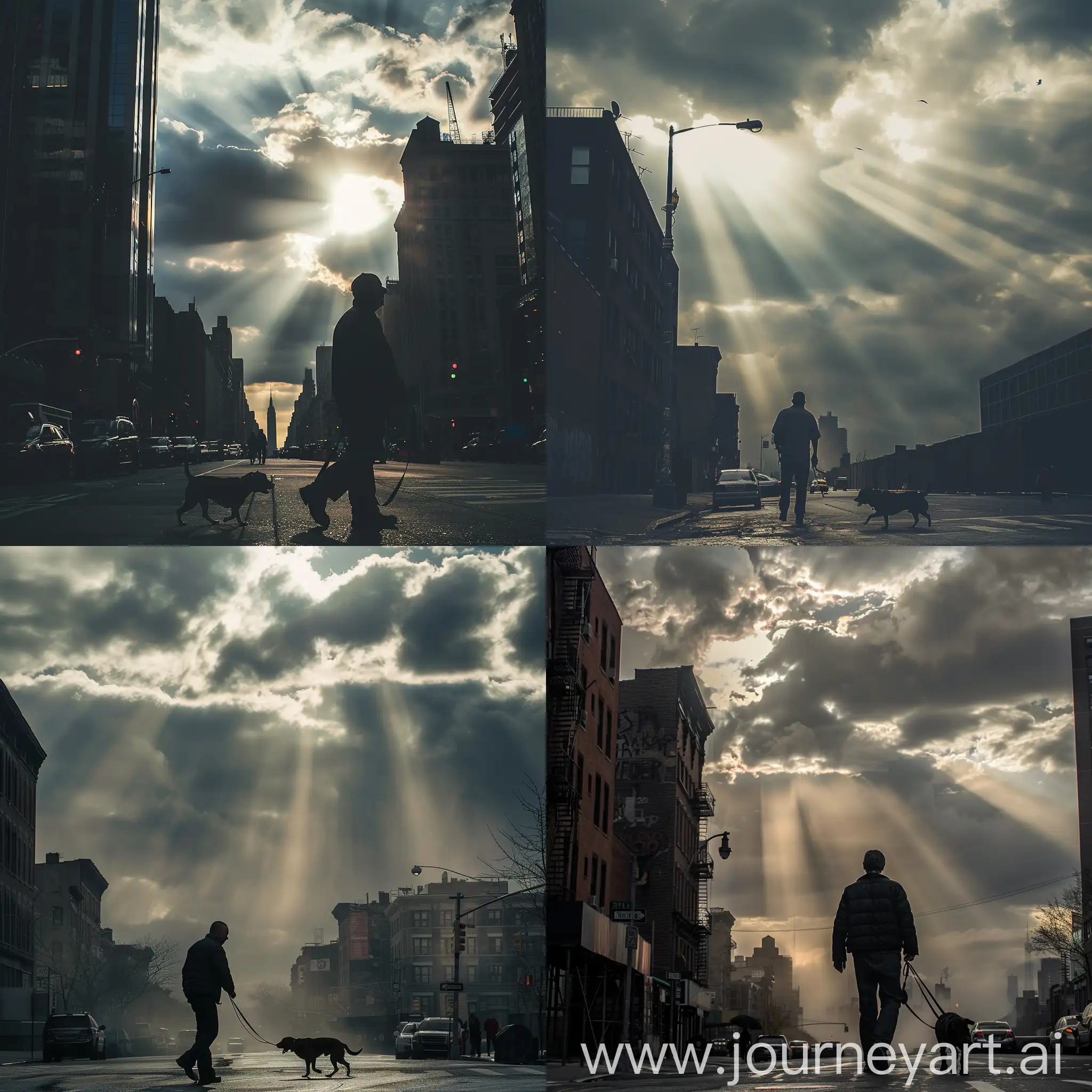 hombre paseando perro en calles ciudad, cielo nublado, rayo de sol desd lado derecho