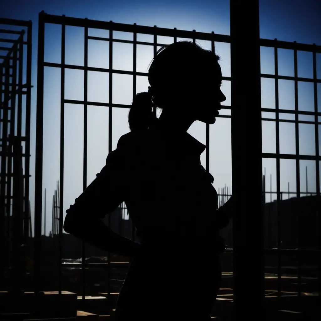 Female Silhouette Amidst Construction Activity at Dusk