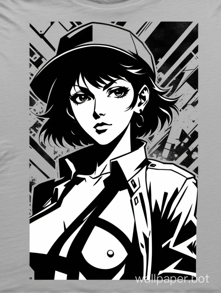 Faye Valentine caracter from Cowboy Bebop, masterpiece illustration, hipperdetailed,  stencil art, monochromatic Anime T-Shirt
