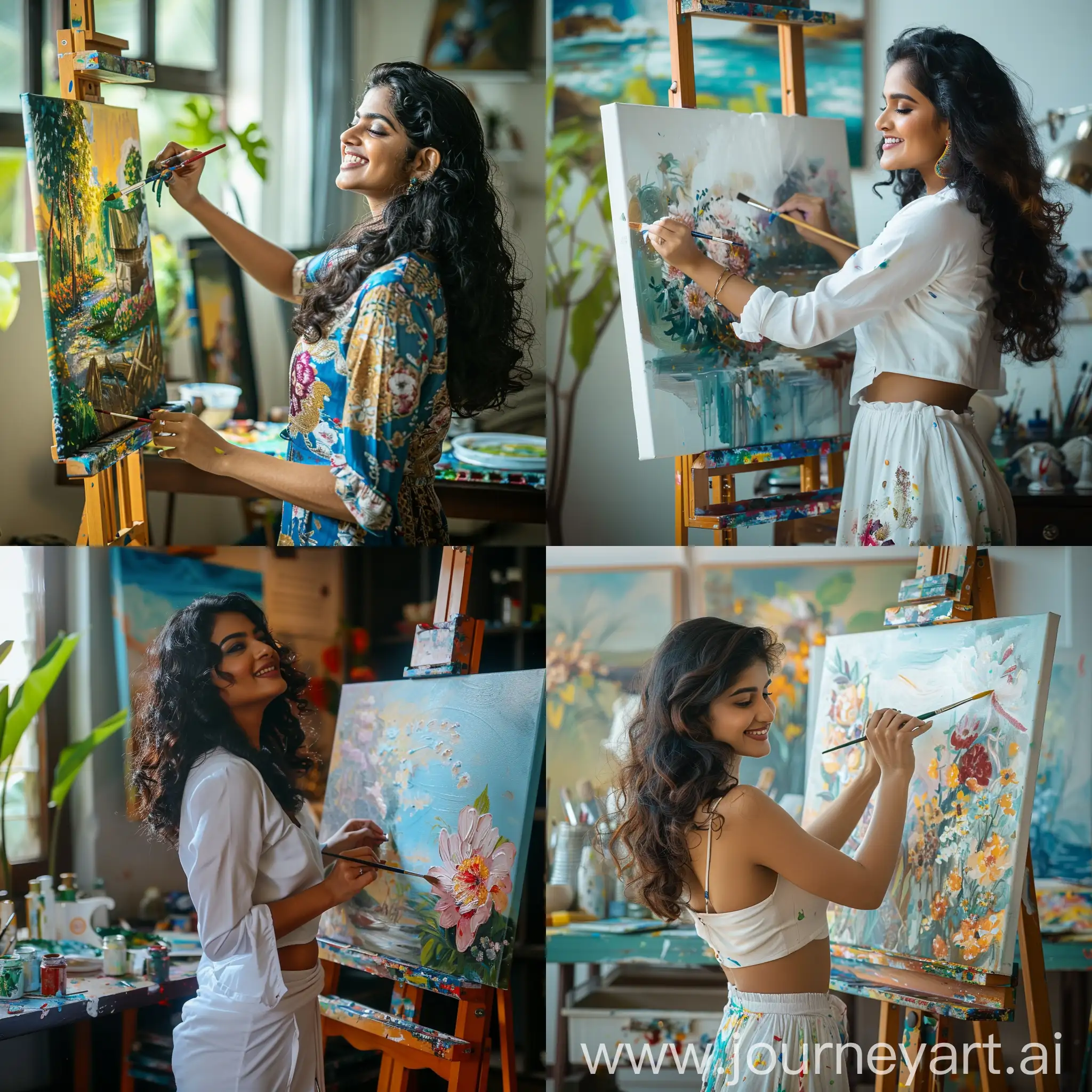 Create a stunning visual of a beautiful curvy Kerala female painter painting on her easel, beautiful scene, playful, cheerful mood, she is in ecstacy and joy of painting, home art studio background, waist shot, half body portrait
