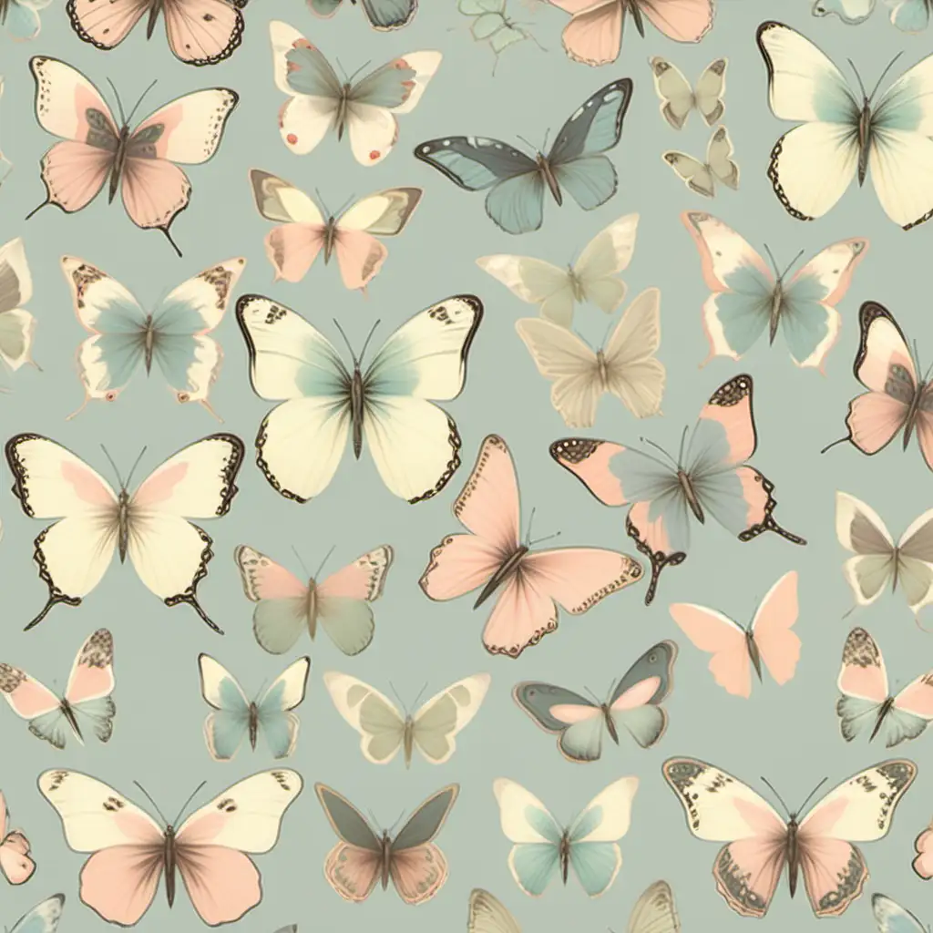 A vintage inspired pattern of butterflies in muted pastel tones