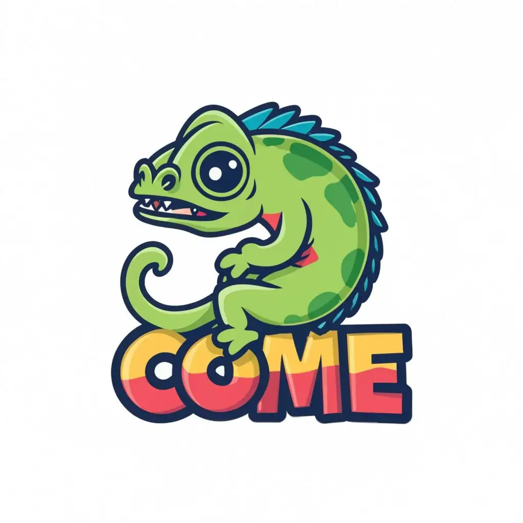logo, Cute chameleon crazy angry, with the text "Come", typography