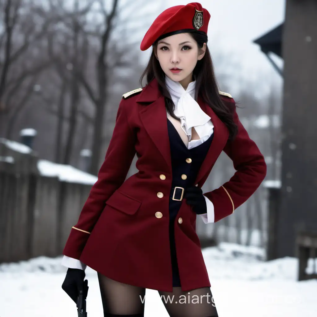 Helian, commander, red coat, red military beret, monocle, dark-brown hair, winter t-shirt, black pantyhose, military uniform, without mini skirt, solo, medium breasts, thick thighs, angry.