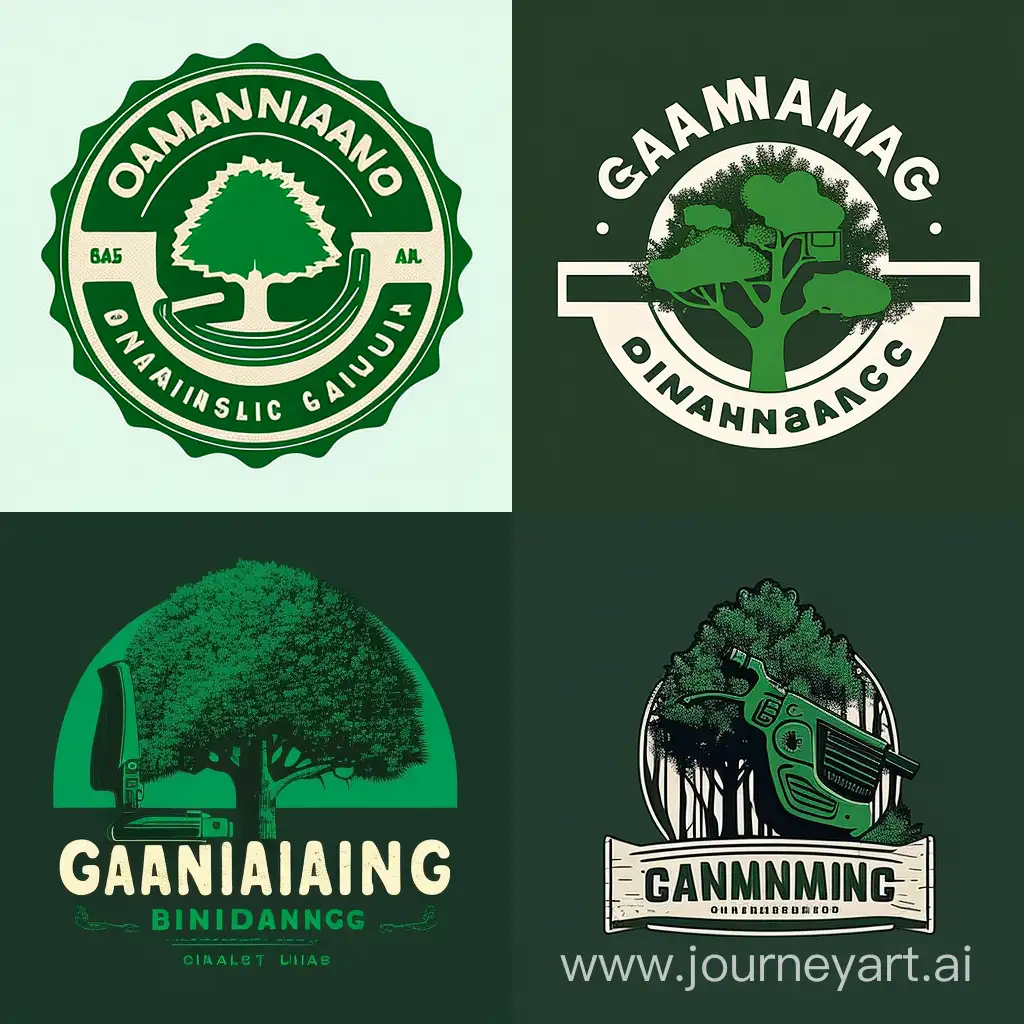 логотип товаров для садоводства c бензопилой которая выглядит как дерево, в стиле минимализм в зеленых оттенках