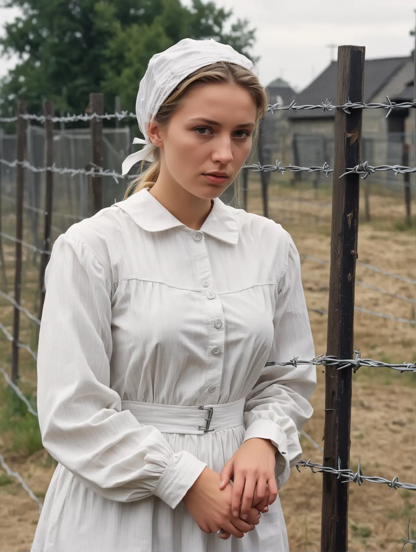 A busty female prisoner (german, 18 years old) stand along the fence in a prisonyard (barred fence with barbed wire, 1900s) in clean white buttoned longsleeve dress(short bonnet), head to knee view, they are sad and desperate