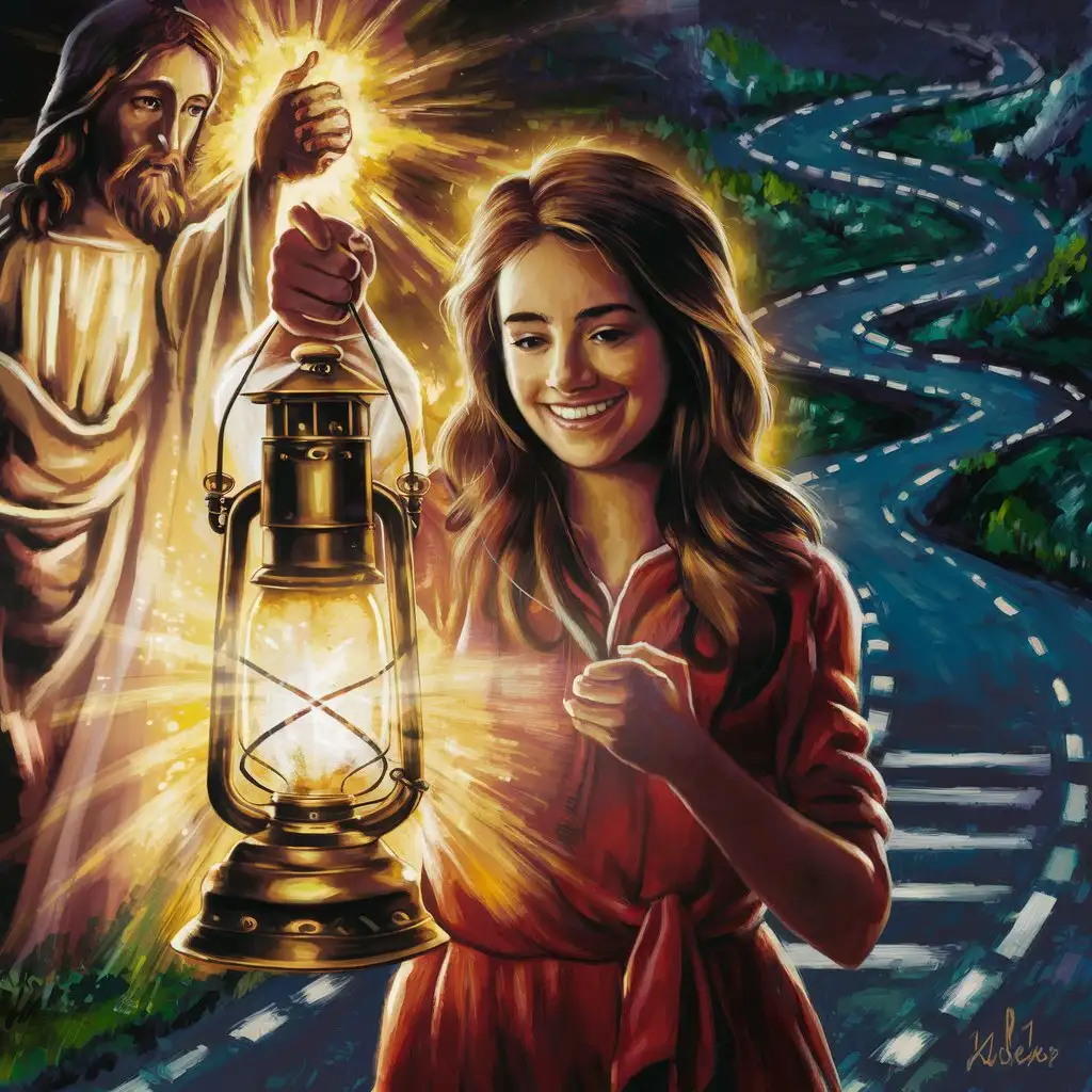 A radiant digital painting of a young woman holding a lantern of faith and hope, with Jesus illuminating their path with blessings of guidance and wisdom, as they navigate the twists and turns of life's journey with grace and determination, trusting in the promise of a brighter tomorrow.