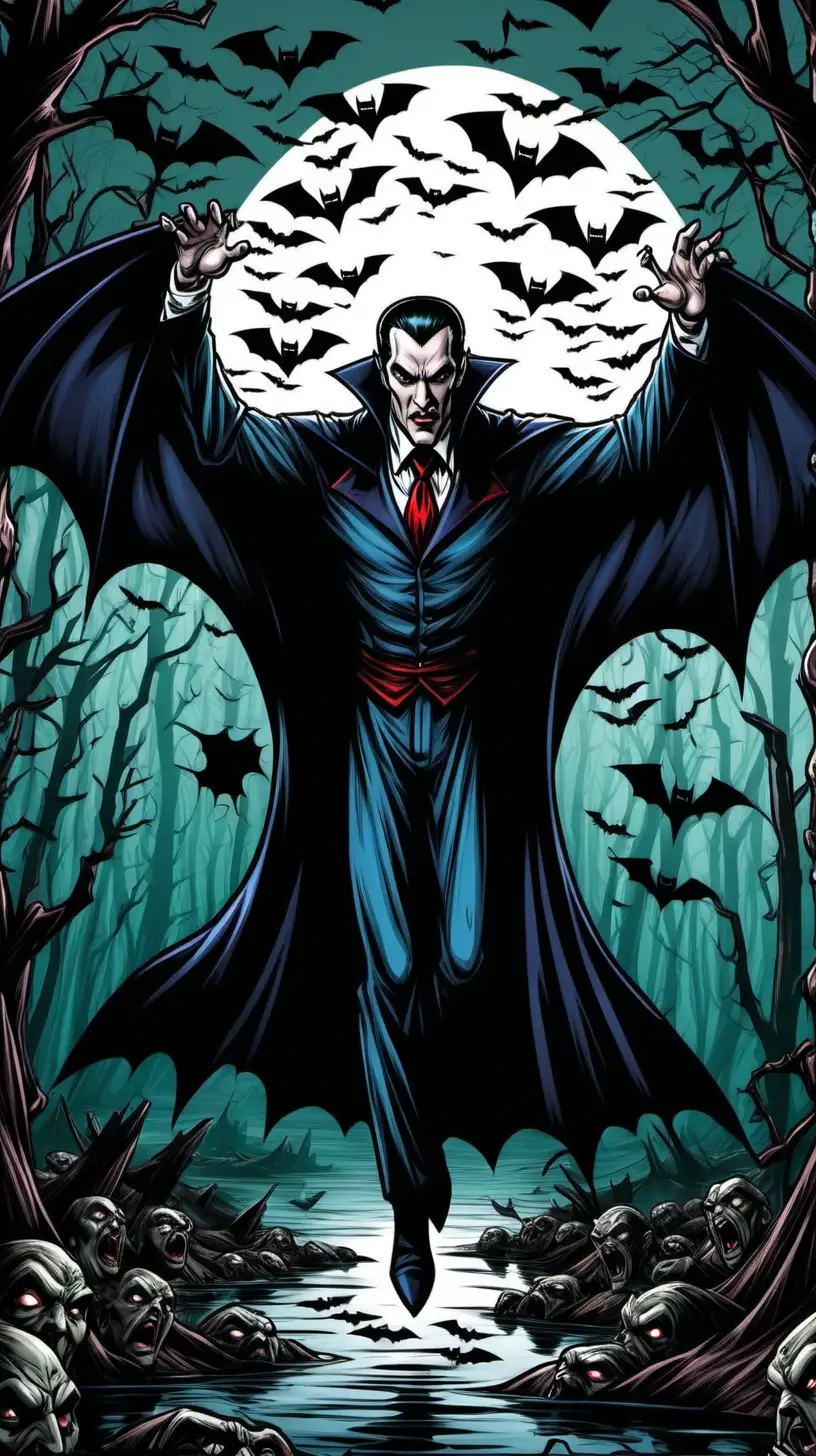 Create a Dracula face form The comics staring at me viewer with a mesmerizing look, dark swamp setting with bats flying around, fine detail, centered.