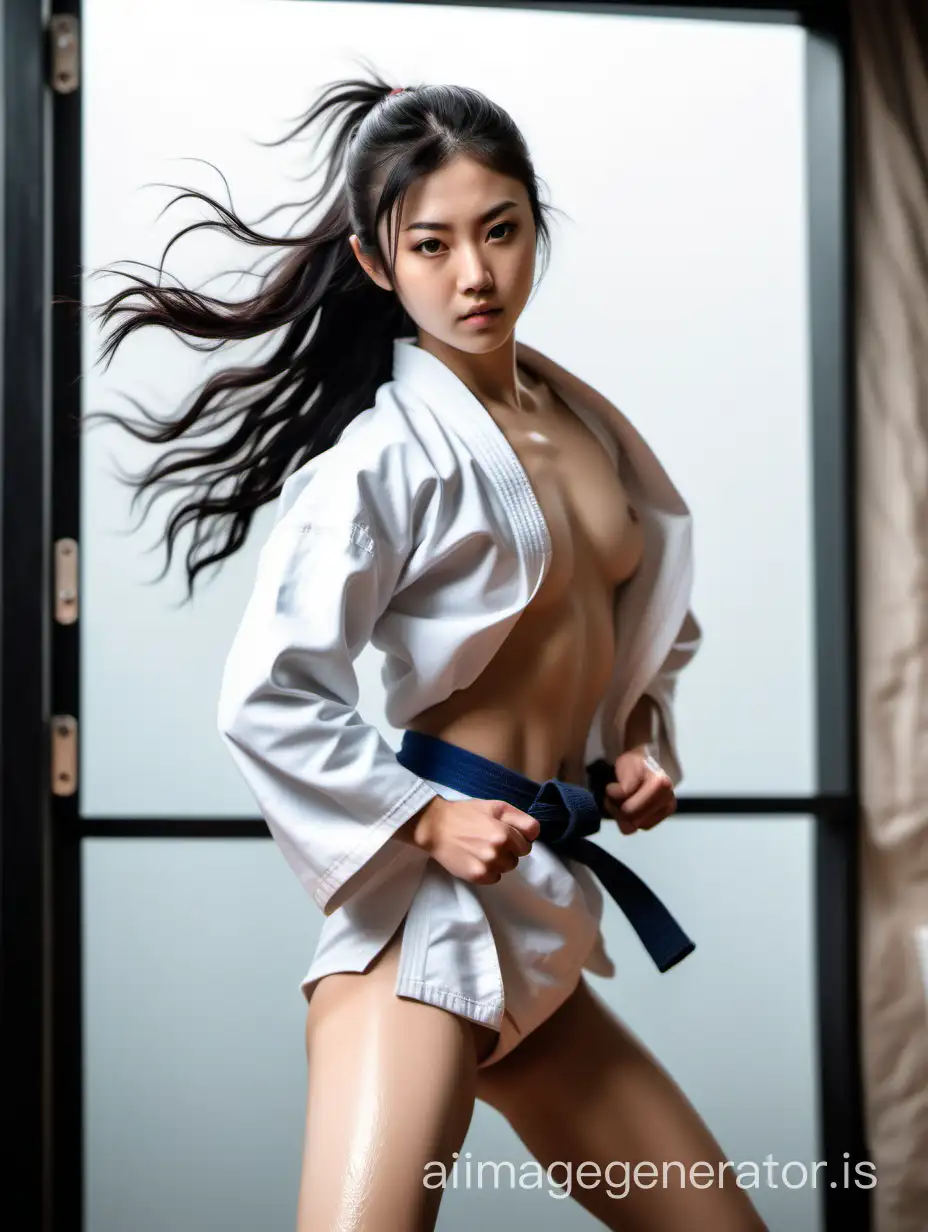 an artistic photo of japanese prosperous female karate fighter good looking perfect grammar focus glimpsing strong sharp abs just came back home from college with black wavy hair drying after shower take off feminine peach ivory , full body shot