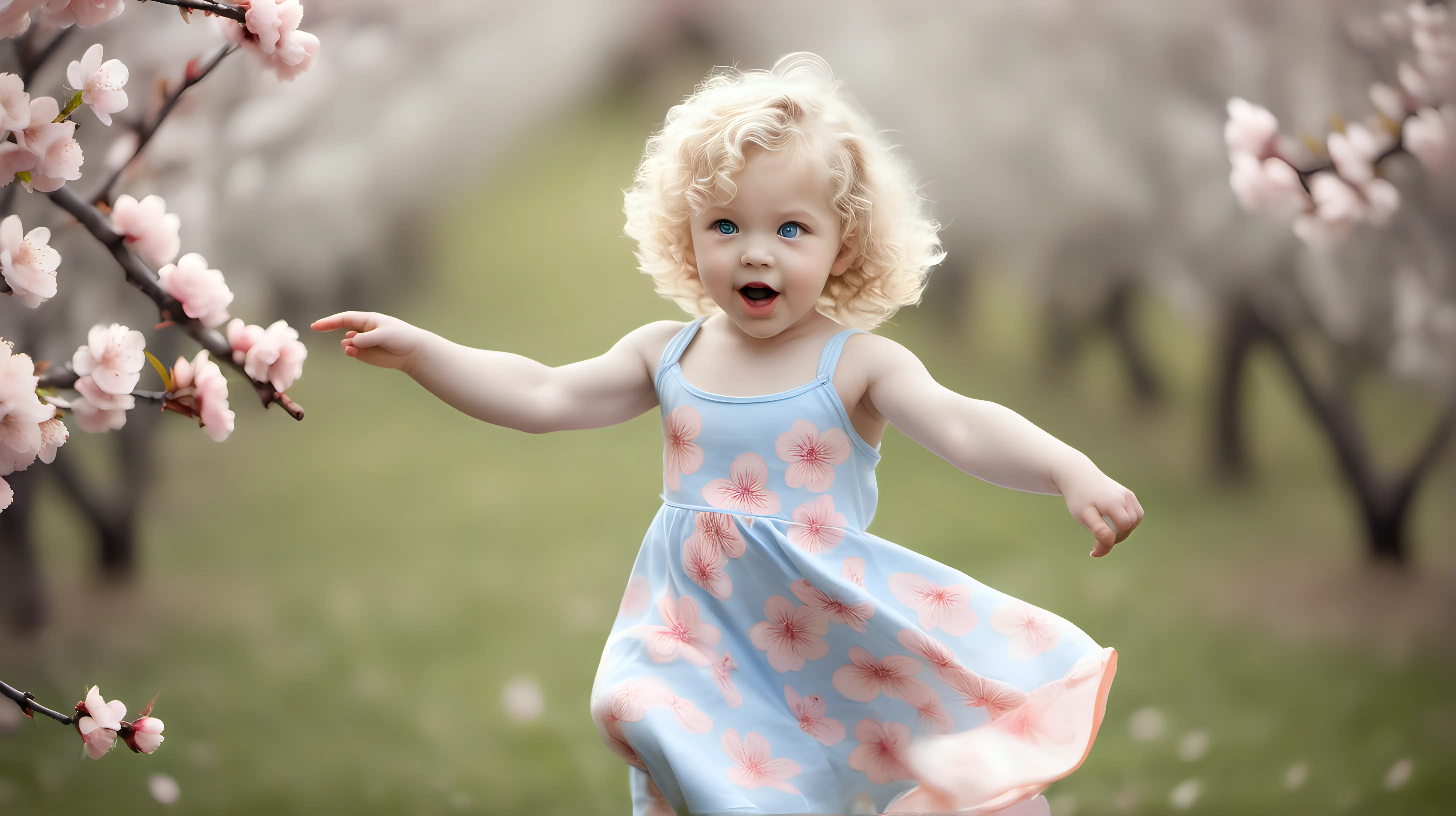 real photograph of peach blossom photo shoot of a curly blonde haired blue eyed  toddler girl twirling through the blossoms




