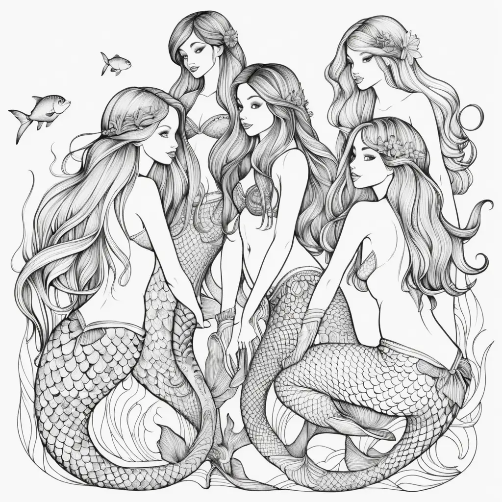 Group of Mermaids Adult Coloring Page on White Background
