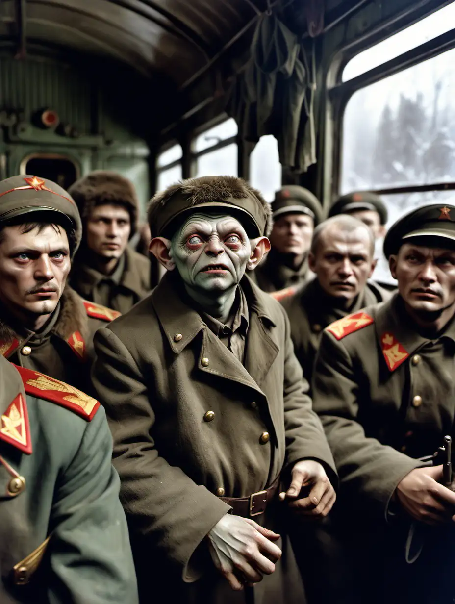 Soviet Soldier Golum in a Dirty Railway Carriage with Ushanka