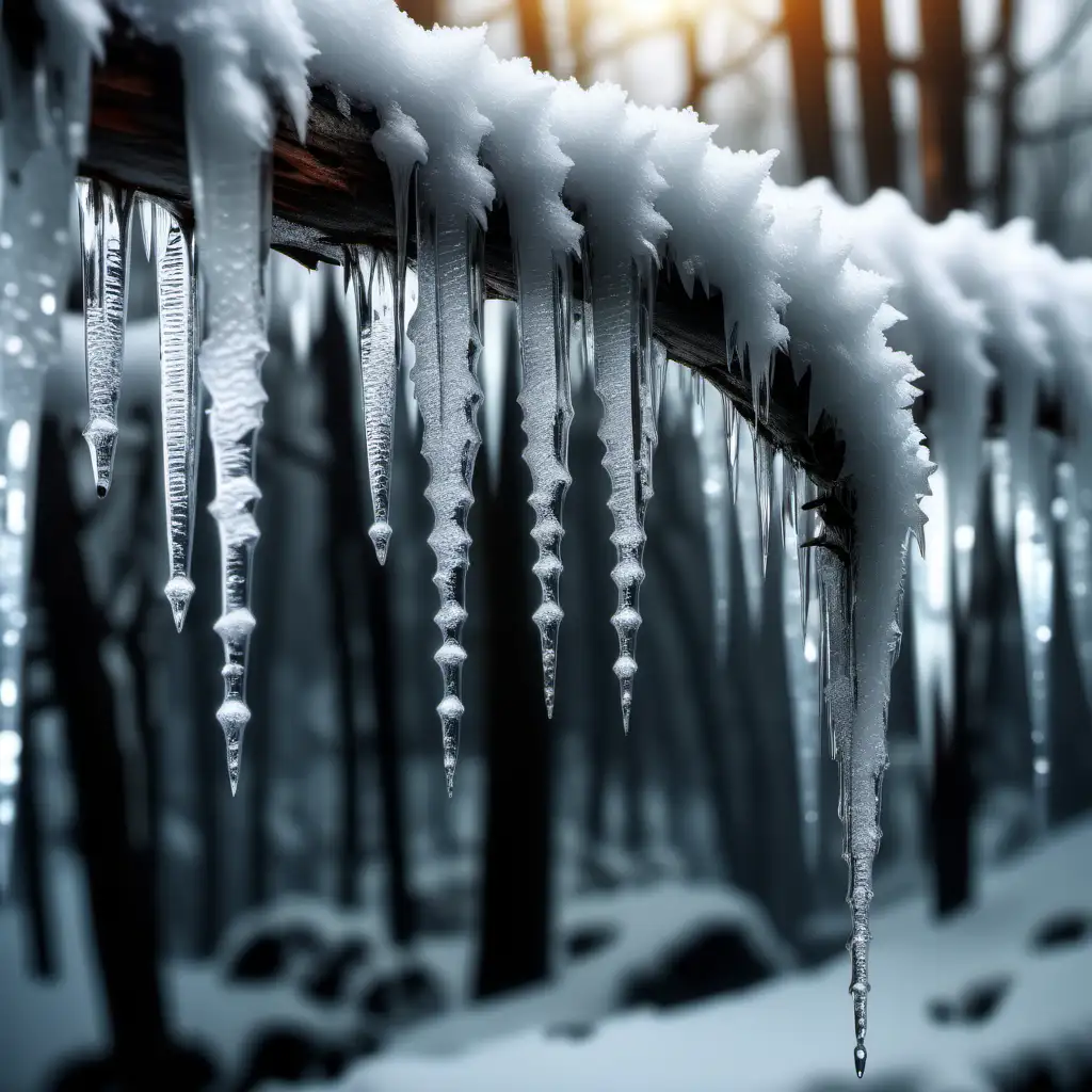 Create a close up of a branch with snow, iceicle hanging from branch, details and texture, reflection of snow forest in icicle, wet, sparkling, 1080p resolution, ultra 4K, high quality, volumetric light 
