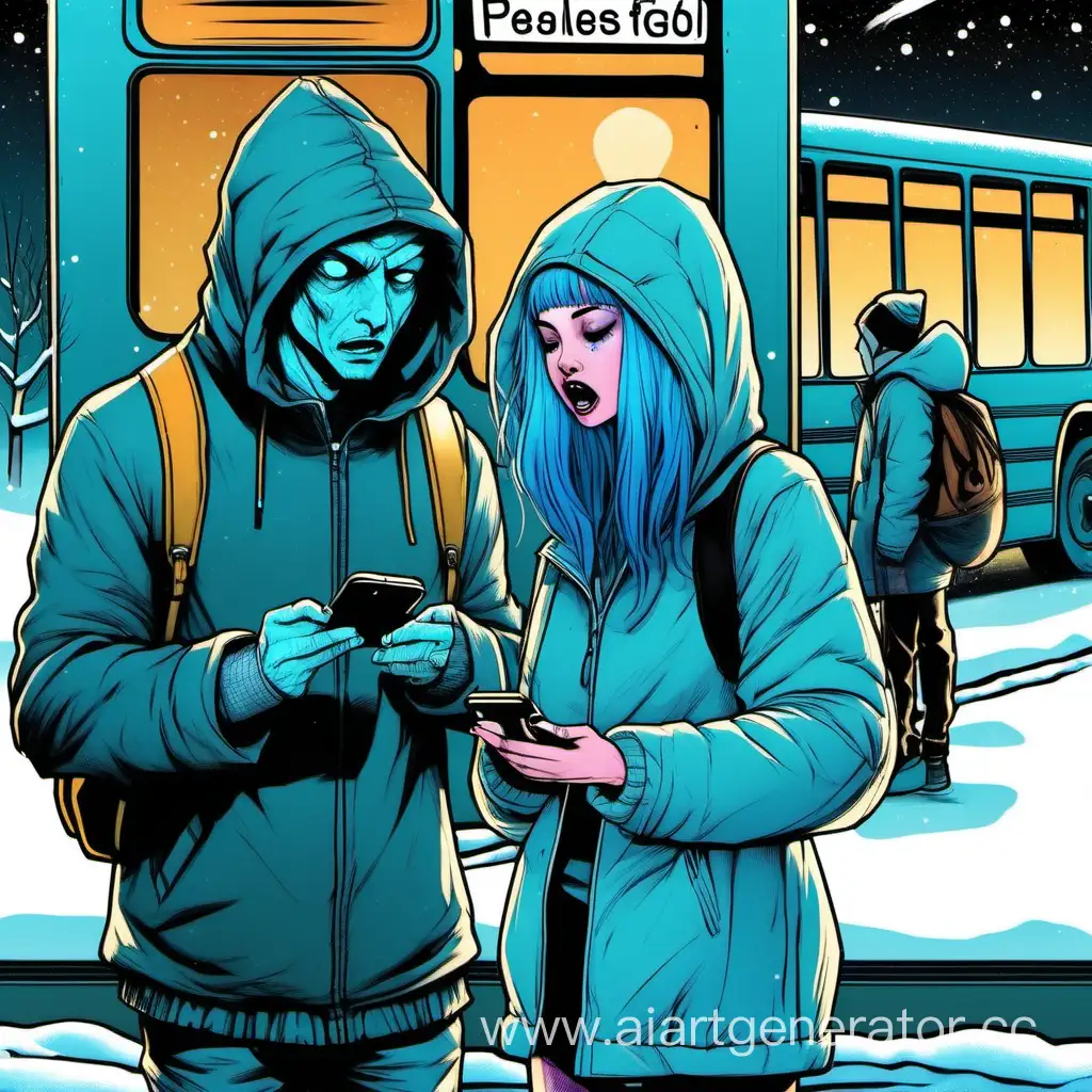 Urban-Night-Scene-BlueHaired-Girl-and-Desperate-Man-at-City-Bus-Stop